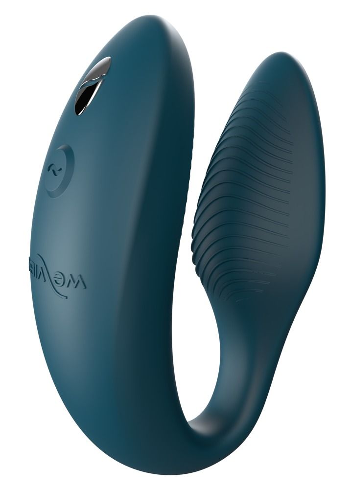 Dunkelgrünes We-Vibe Sync2-Produkt. U-förmiges Design mit geriffelter Oberfläche. Oberseite mit Knöpfen.