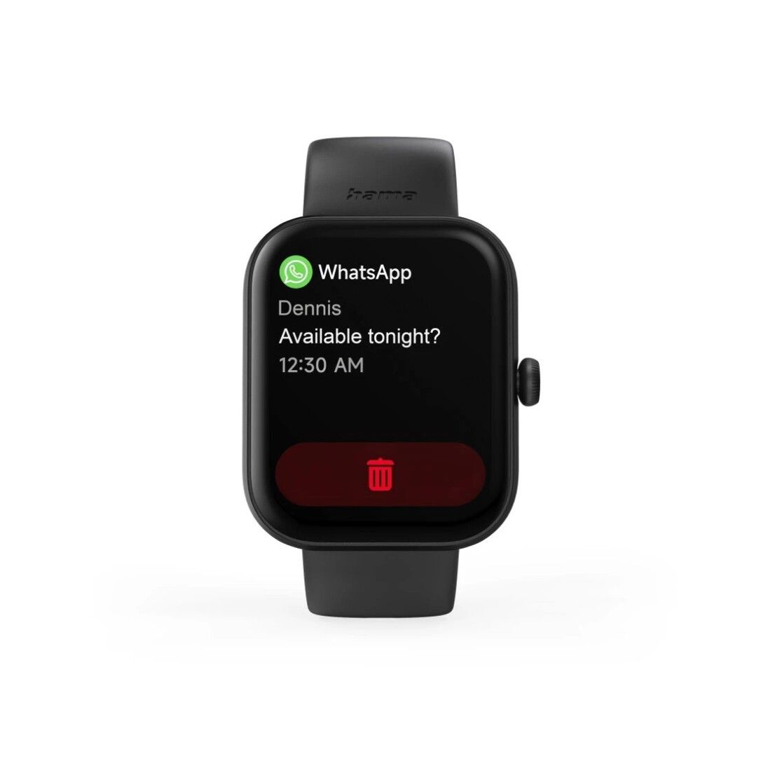 Smartwatch-Display mit WhatsApp-Nachricht. Text: "Available tonight?" und Löschsymbol. Schwarzes Armband.