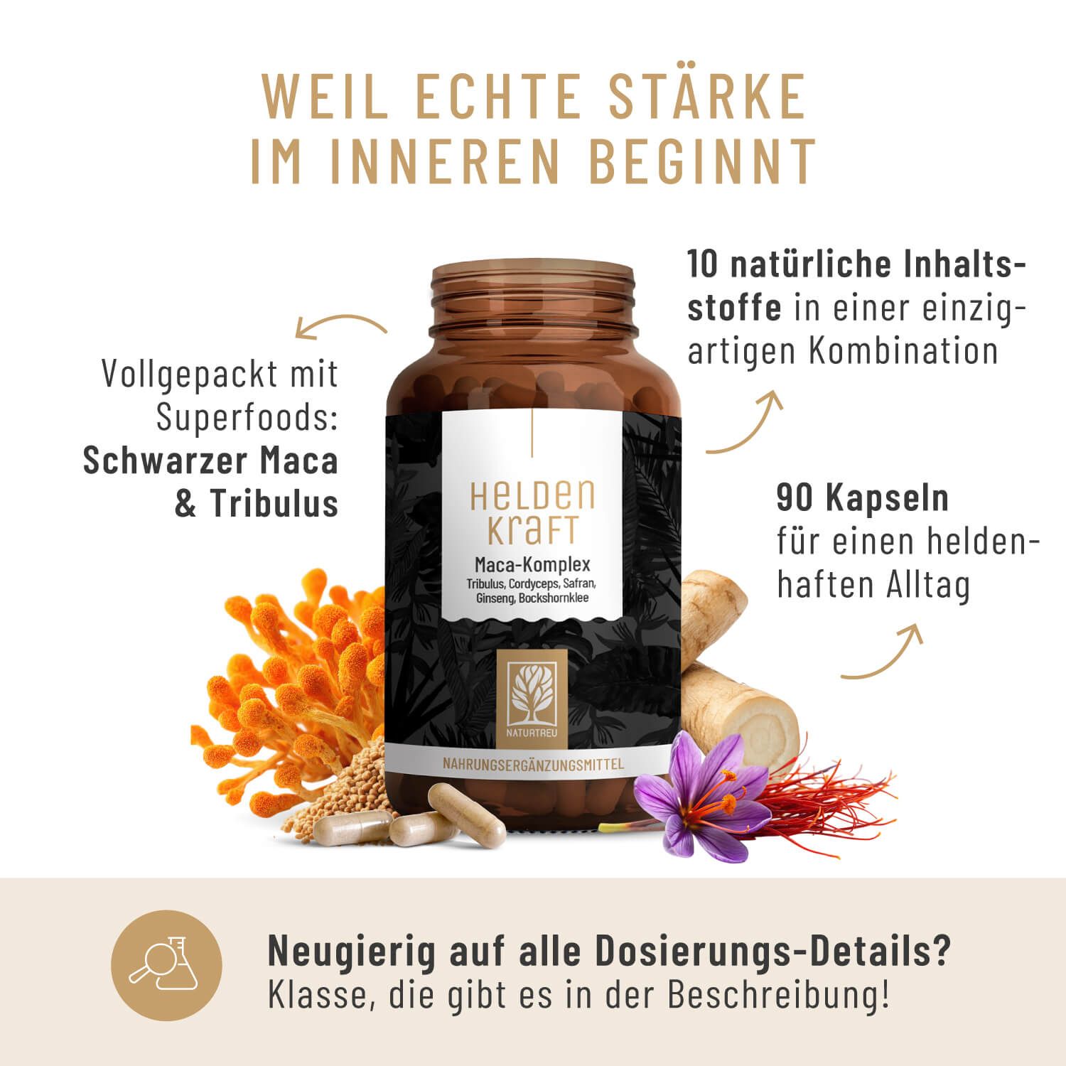 Braune Flasche mit Kapseln, Kräutern und Text. Aufschrift: Heldenkraft Maca-Komplex. 90 Kapseln. NATURTREU®.