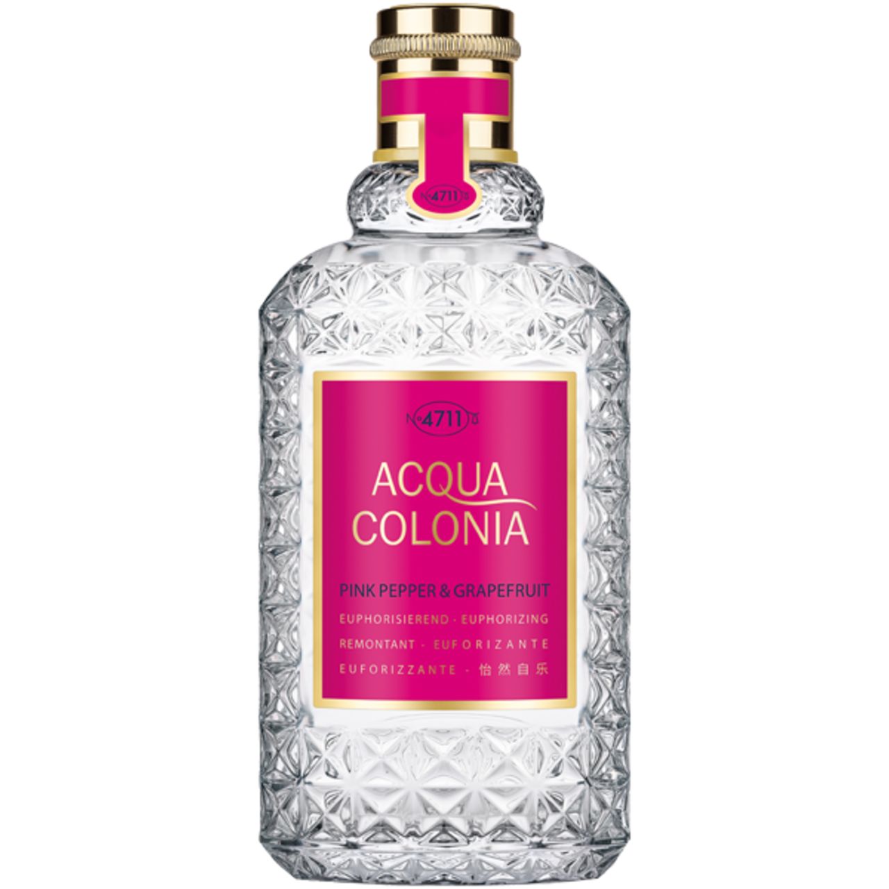 Acqua Colonia Flakon. Rosa Etikett mit Schriftzug. Transparenter Flakon mit geometrischem Muster. Goldfarbener Verschluss.