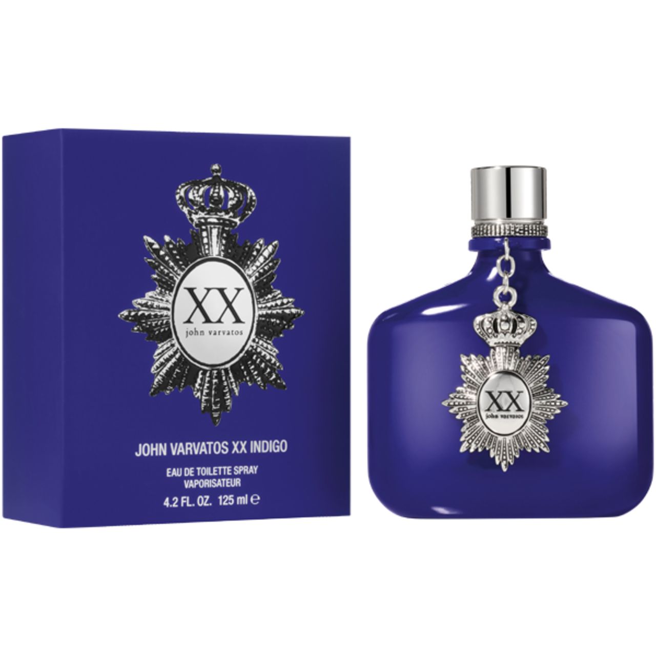 Blaues Parfümflakon und Schachtel. Silberne Details. Aufschrift: John Varvatos XX Indigo Eau de Toilette.