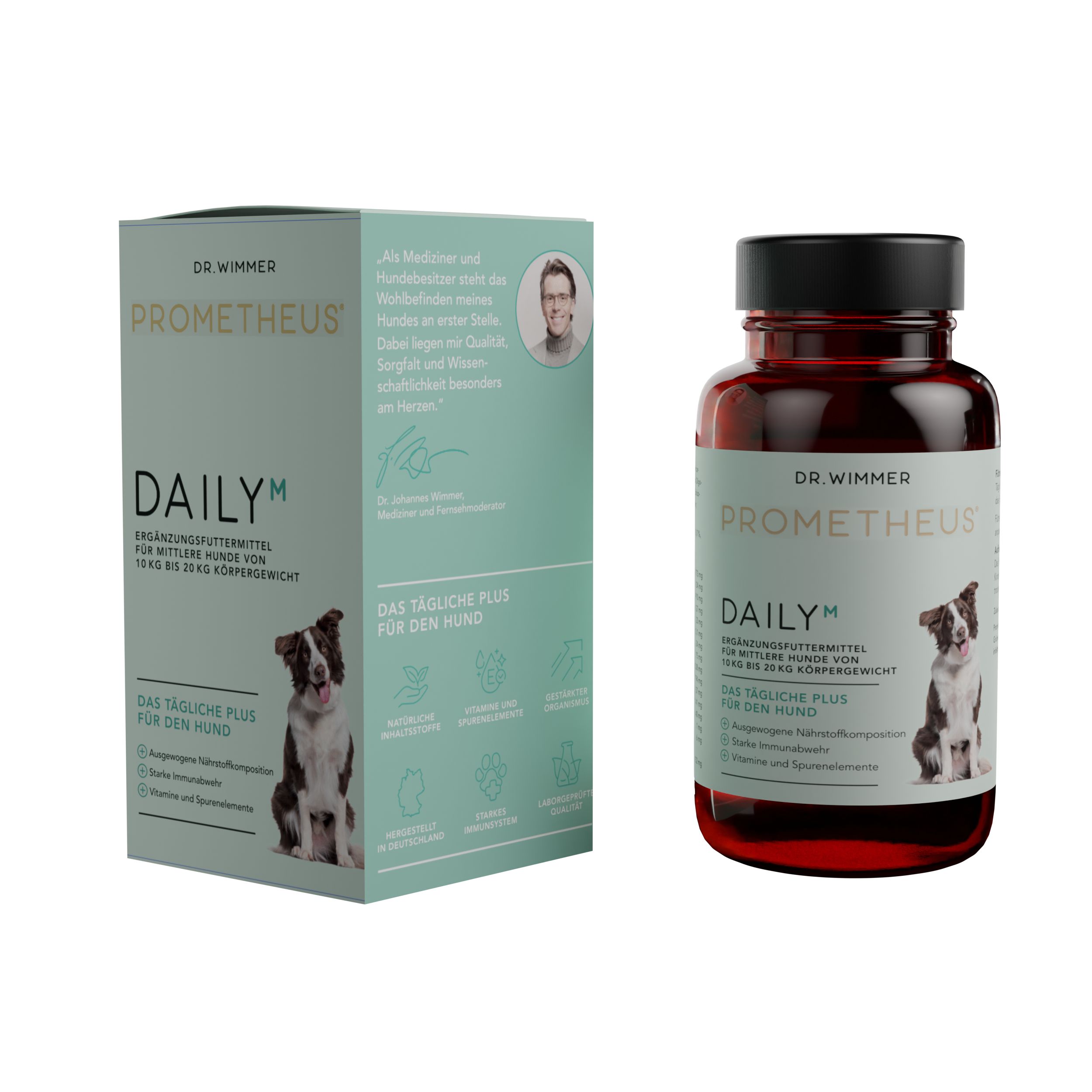 PROMETHEUS Daily M. Braune Flasche und Schachtel. Aufschrift: Daily M, Dr. Wimmer. Abbildung eines Hundes. Ergänzungsfuttermittel.
