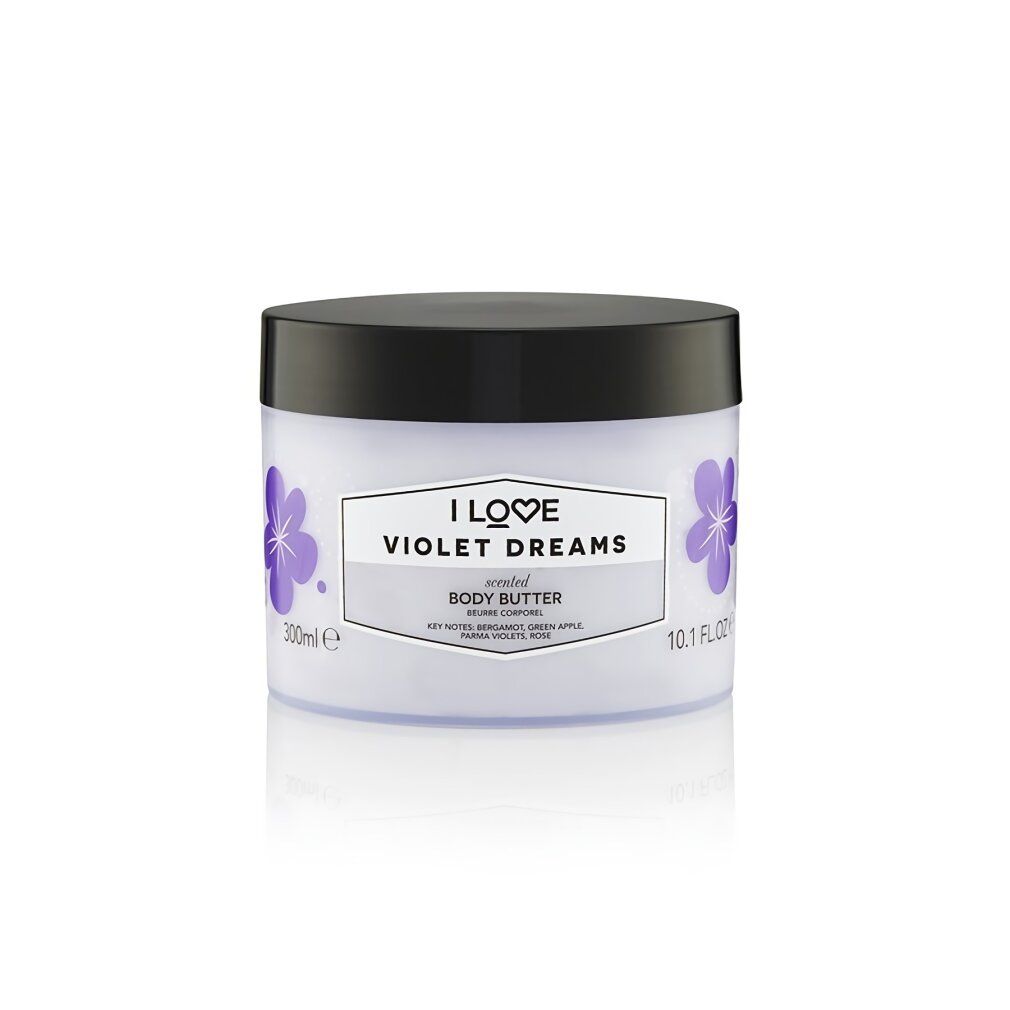 Weißes Tiegel mit schwarzem Deckel. Aufschrift: I LOVE VIOLET DREAMS, Body Butter. Lila Blüten. 300ml.