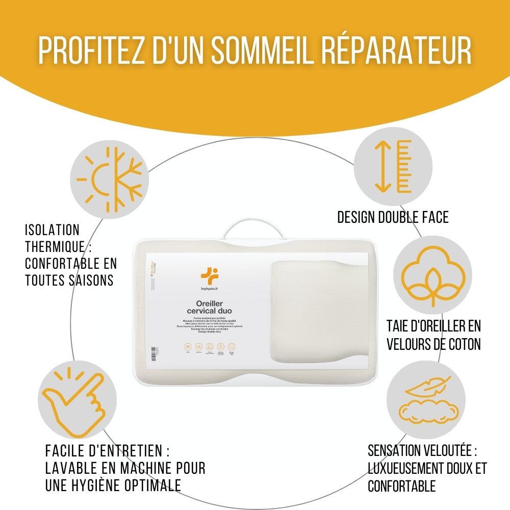 Image publicitaire: femme dormant sur le dos avec oreiller. Texte.