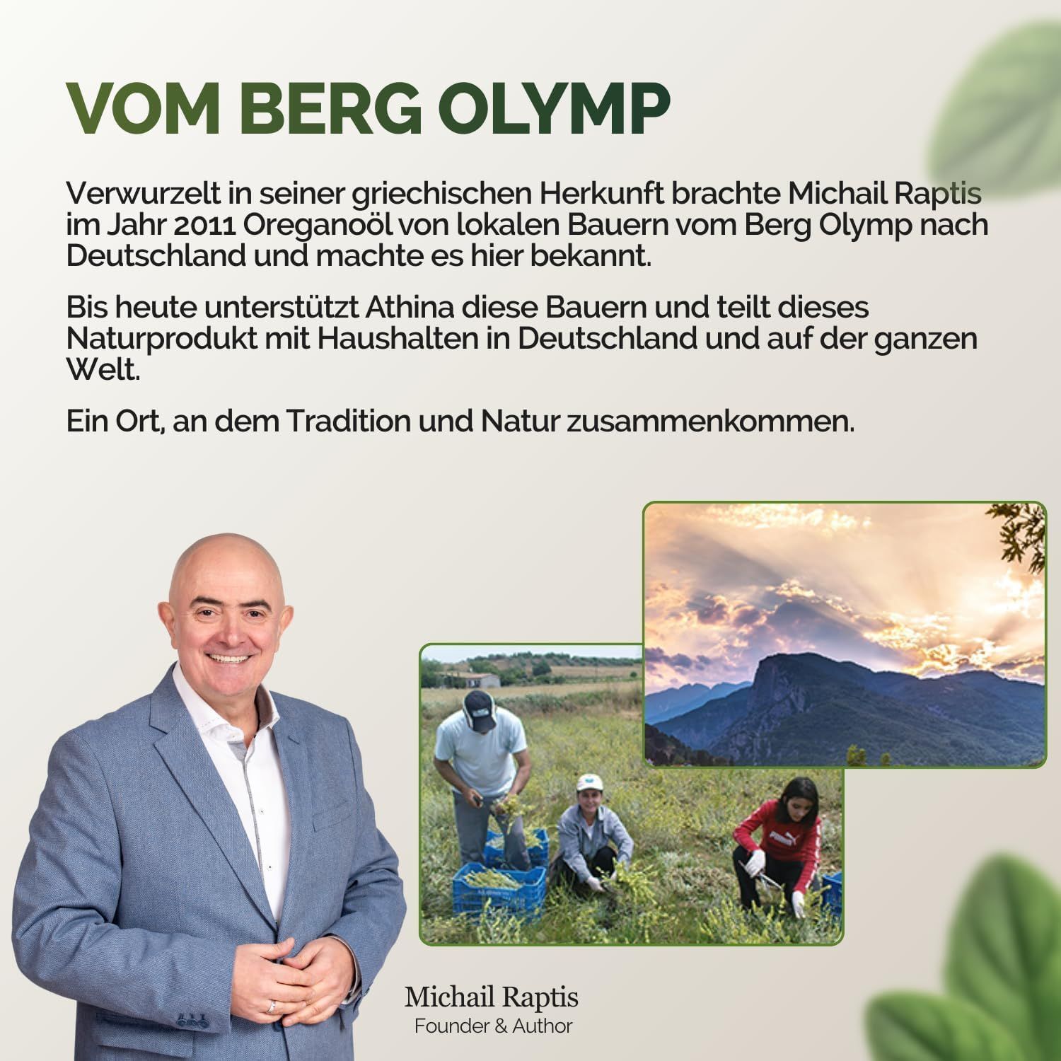 Mann im Anzug neben Bildern von Bauern bei der Ernte und Berglandschaft.
