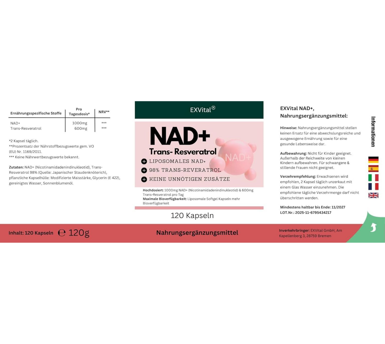 Produktverpackung: 120 Kapseln, NAD+ Trans-Resveratrol. Text: 98% Trans-Resveratrol, keine unnötigen Zusätze. EXVital Logo.