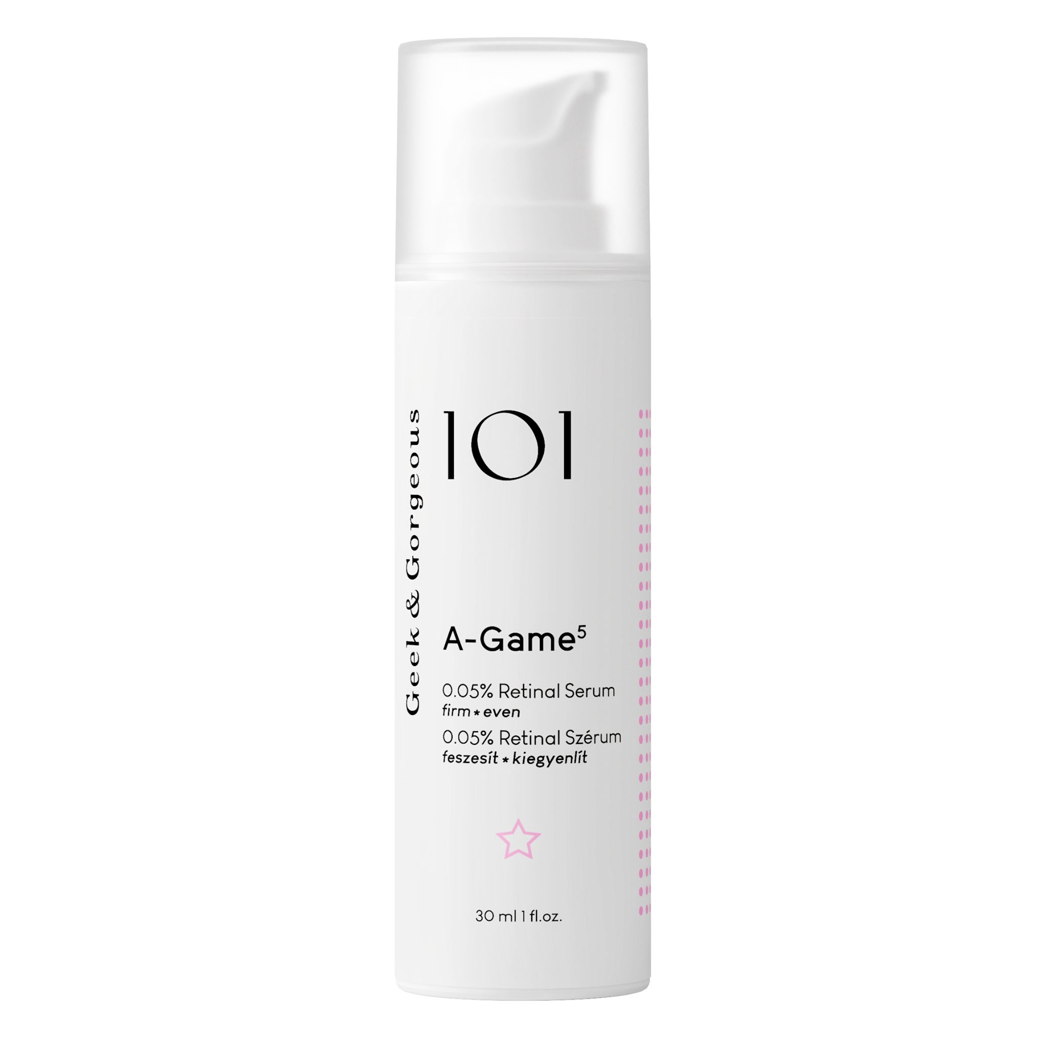 Weiße Flasche mit Pumpe. Aufschrift: Geek & Gorgeous, A-Game 5, 0,05% Retinol Serum. Volumen: 30 ml.