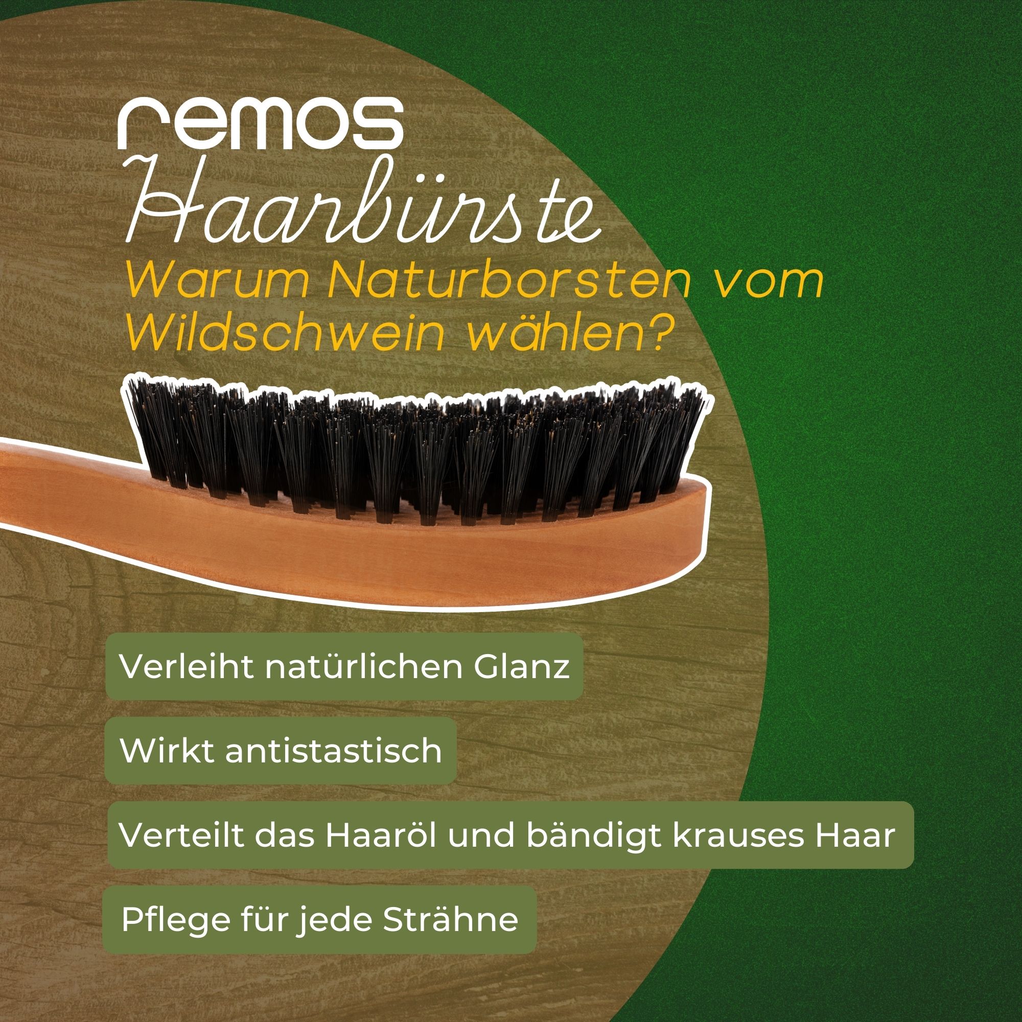 REMO'S Haarbürste mit Wildschweinborsten für natürlichen Glanz und gegen statische Aufladung.
