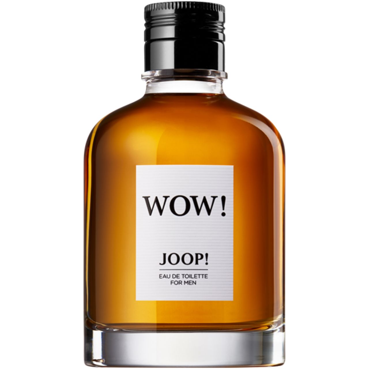 Joop Wow Eau de Toilette für Herren. Flakon mit schwarzem Verschluss. Aufkleber mit Schriftzug WOW! und JOOP!