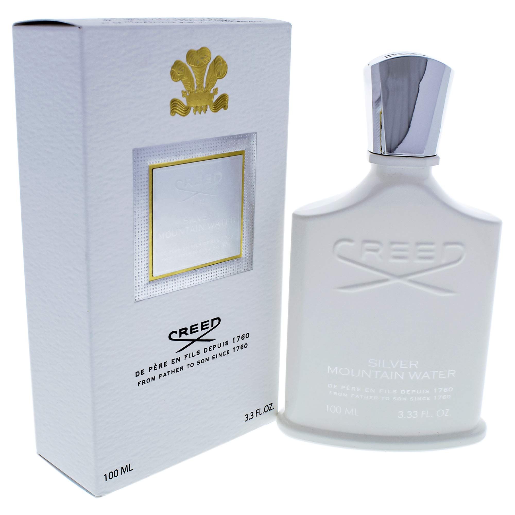 Weiße Parfumflasche und Verpackung. Aufschrift: Creed Silver Mountain Water. Flasche mit silbernem Verschluss.