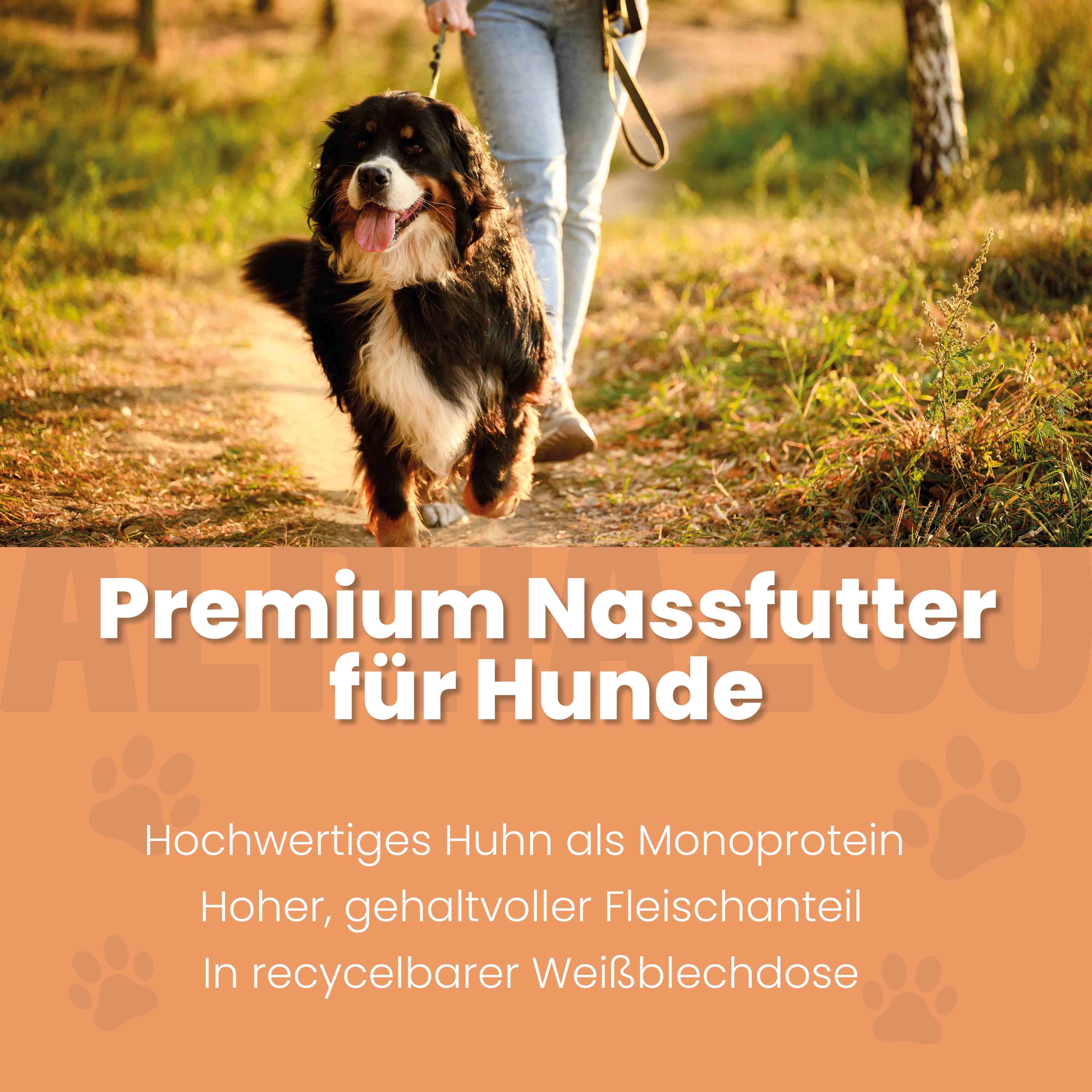 Hund läuft auf einem Weg. Text: Premium Nassfutter für Hunde. Hochwertiges Huhn als Monoprotein. In recycelbarer Weißblechdose.