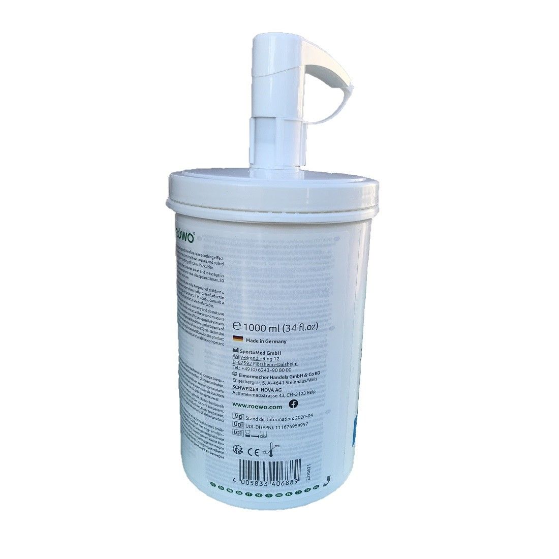 Weißer Behälter mit Pumpe. Rückseite mit Text und Etiketten. Aufschrift: 1000 ml.