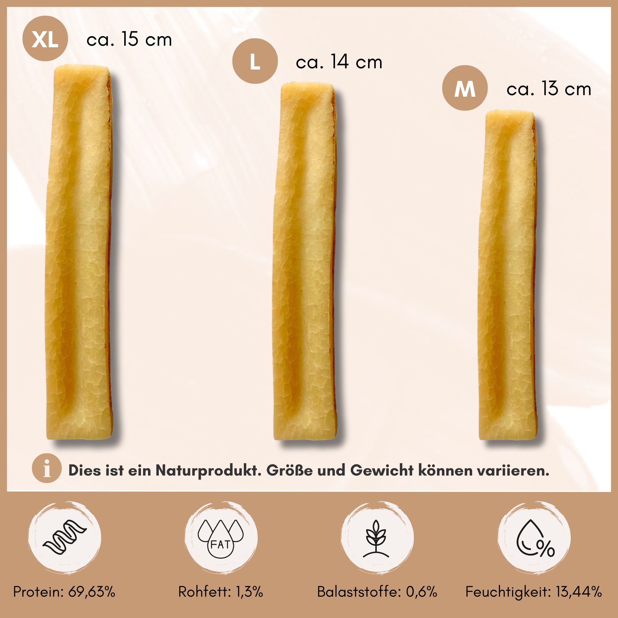 Drei Kausnacks in verschiedenen Größen: XL (ca. 15 cm), L (ca. 14 cm), M (ca. 13 cm). Text: Naturprodukt. Größen und Gewicht können variieren. Nährwertangaben.
