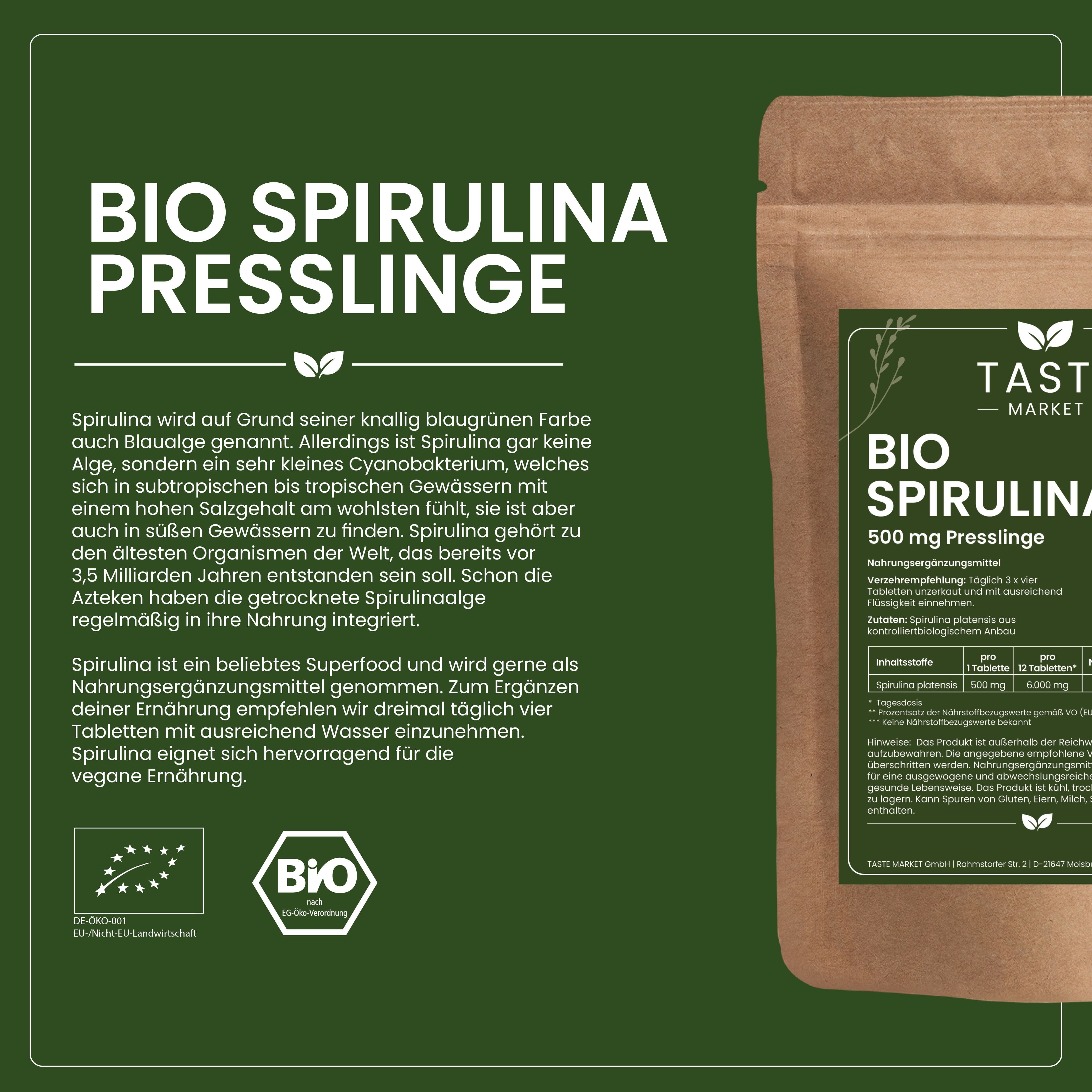 Bio Spirulina Presslinge: Herstellung aus kontrolliert biologischem Anbau.