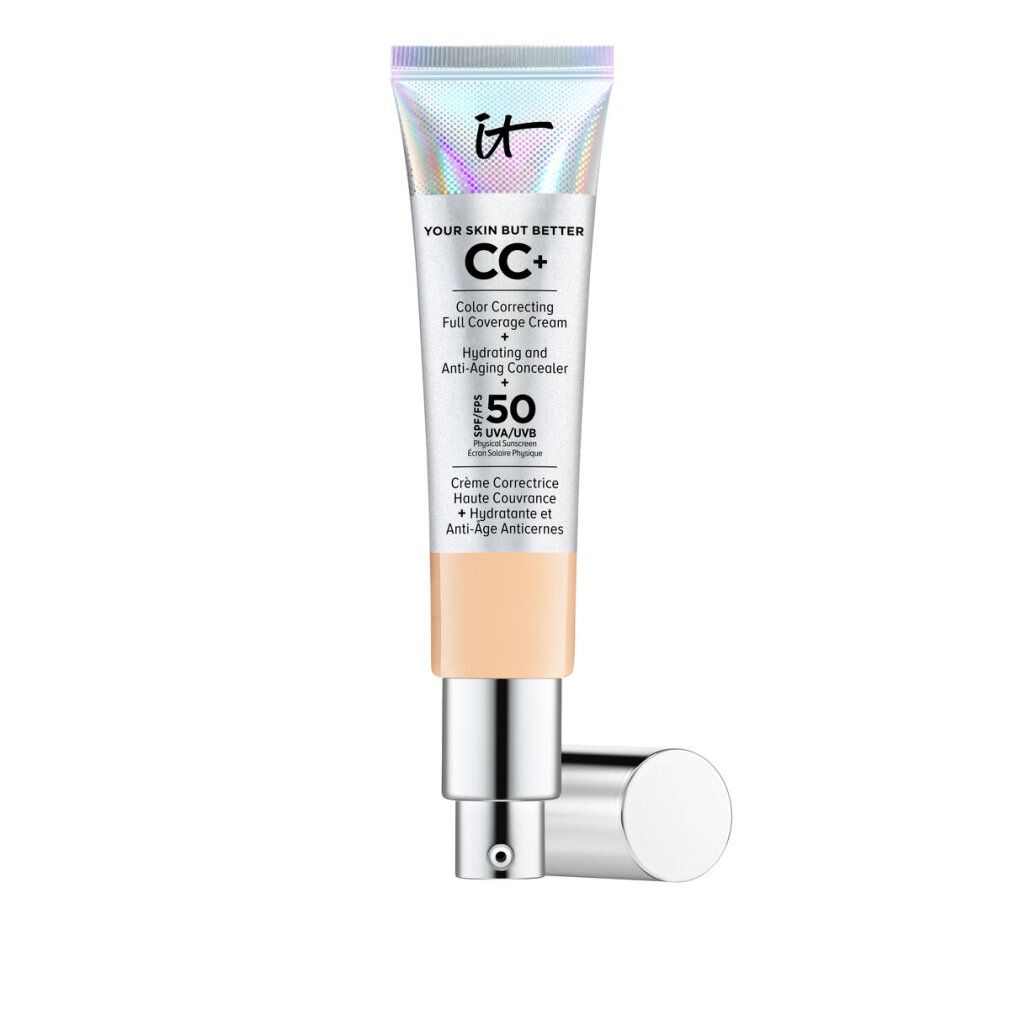 IT Cosmetics CC+ Foundation Tube. Silberfarbener Deckel. Text: CC+, SPF 50. Creme-Farbton. Auf weißem Hintergrund.