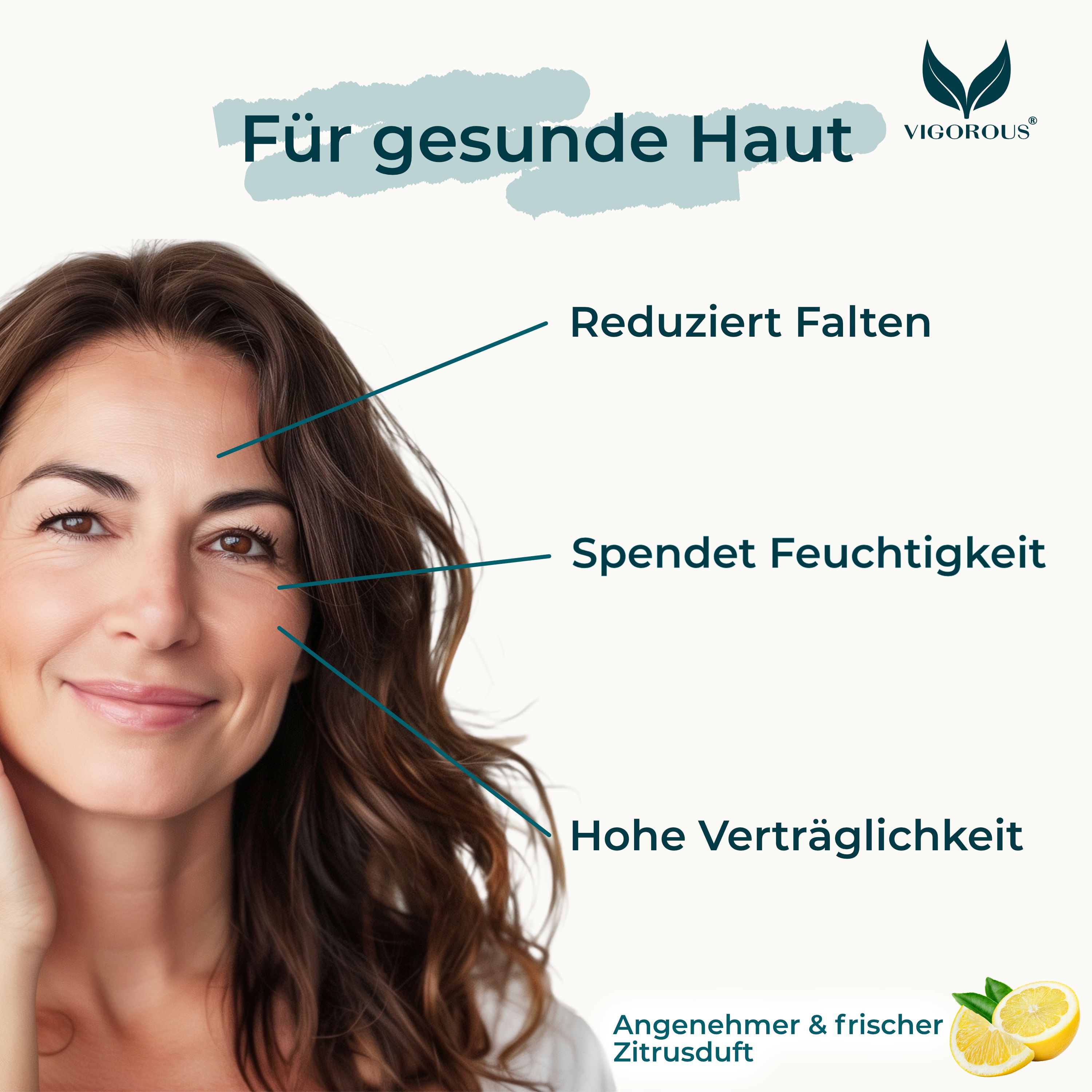 Frau mit Gesicht, Text: Reduziert Falten, Spendet Feuchtigkeit, Hohe Verträglichkeit. Angenehmer & frischer Zitrusduft.