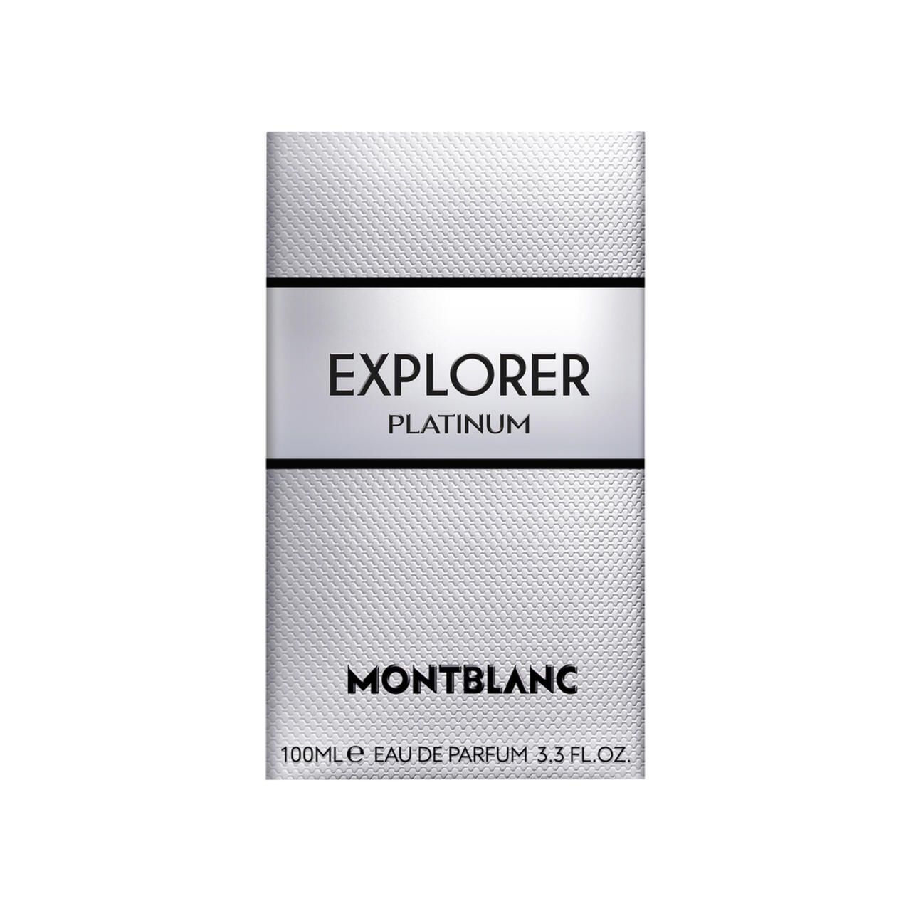 Weiße rechteckige Verpackung mit silberfarbenem Streifen. Aufschrift EXPLORER PLATINUM und MONTBLANC. Unten steht 100ml.