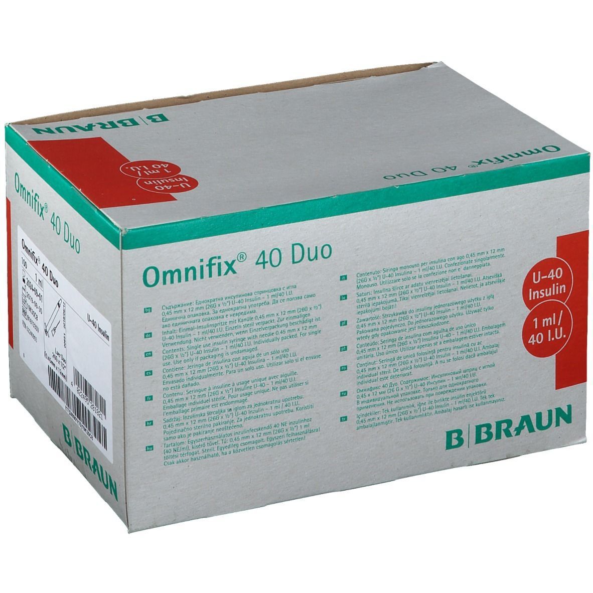 Omnifix 40 Duo-Verpackung. Weiß-grauer Karton mit roter Markierung. Text: U-40 Insulin, 1 ml/40 I.U. B. Braun-Logo.
