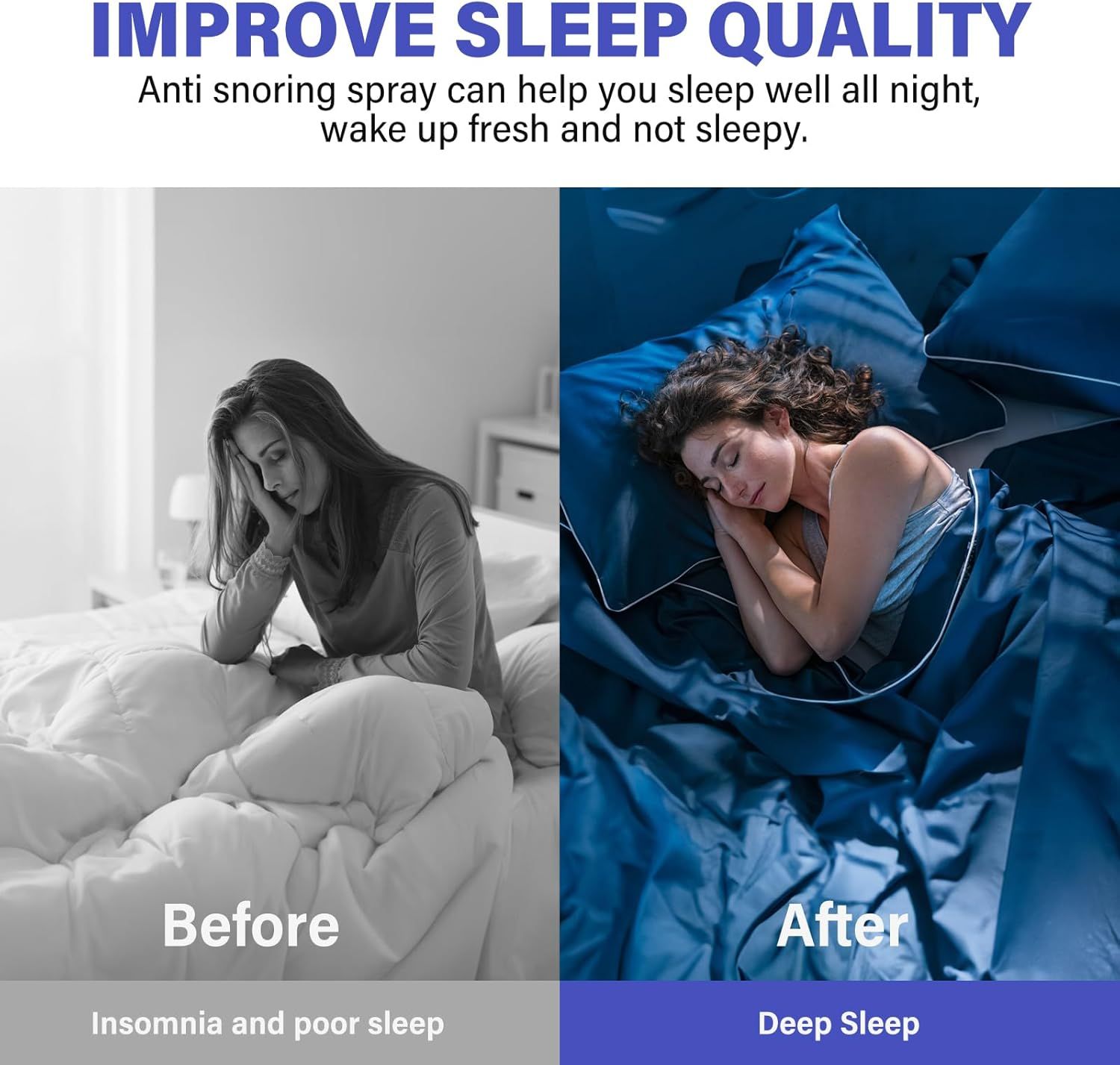 Vorher-Nachher-Bild. Frau im Bett, unglücklich. Frau schläft friedlich. Text: Before, After. Schlafqualität.