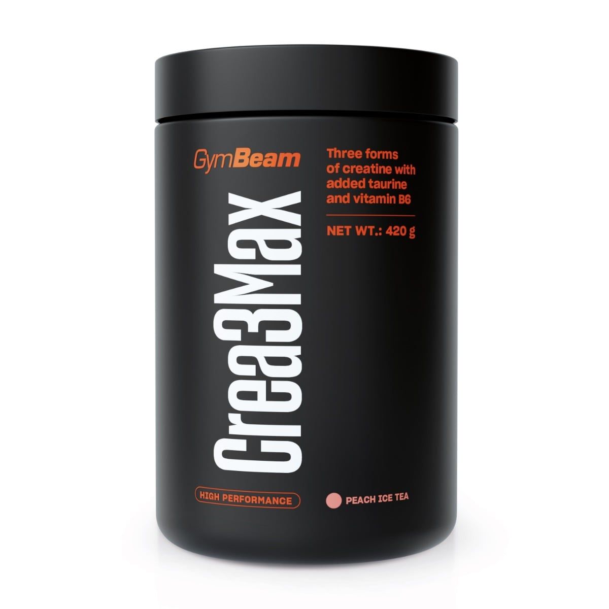 Schwarzer Behälter mit GymBeam Crea3Max Creatin-Pulver, 420g, Pfirsich-Eistee-Geschmack.