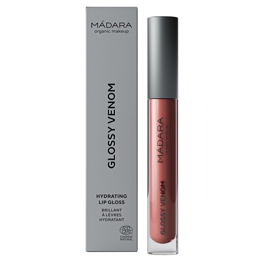 Lipgloss e confezione. Confezione grigia con scritta GLOSSY VENOM. Tubo di lipgloss con tappo argentato.