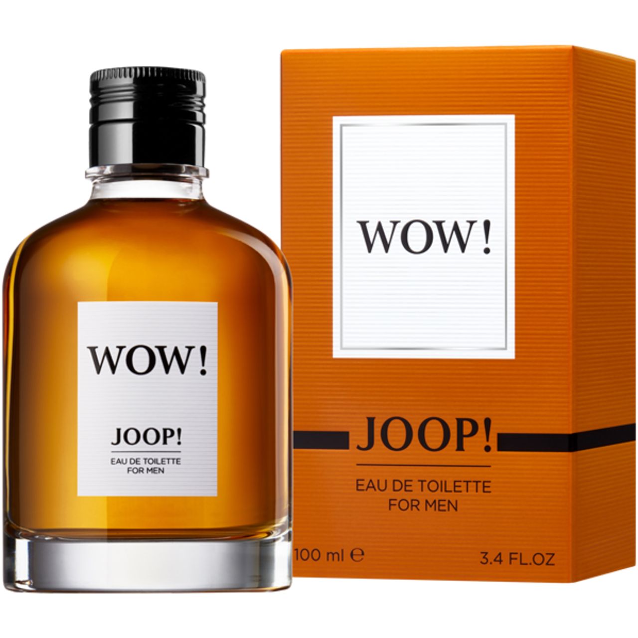 Joop Wow Eau de Toilette für Herren. Flakon und Verpackung. Flakon mit schwarzem Verschluss, orangefarbene Verpackung.