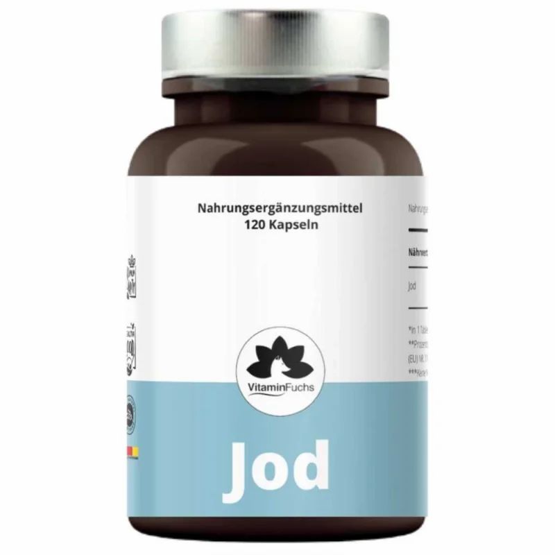 Braune Flasche mit silbernem Deckel. Aufschrift "Jod" und "VitaminFuchs". Enthält 120 Kapseln.