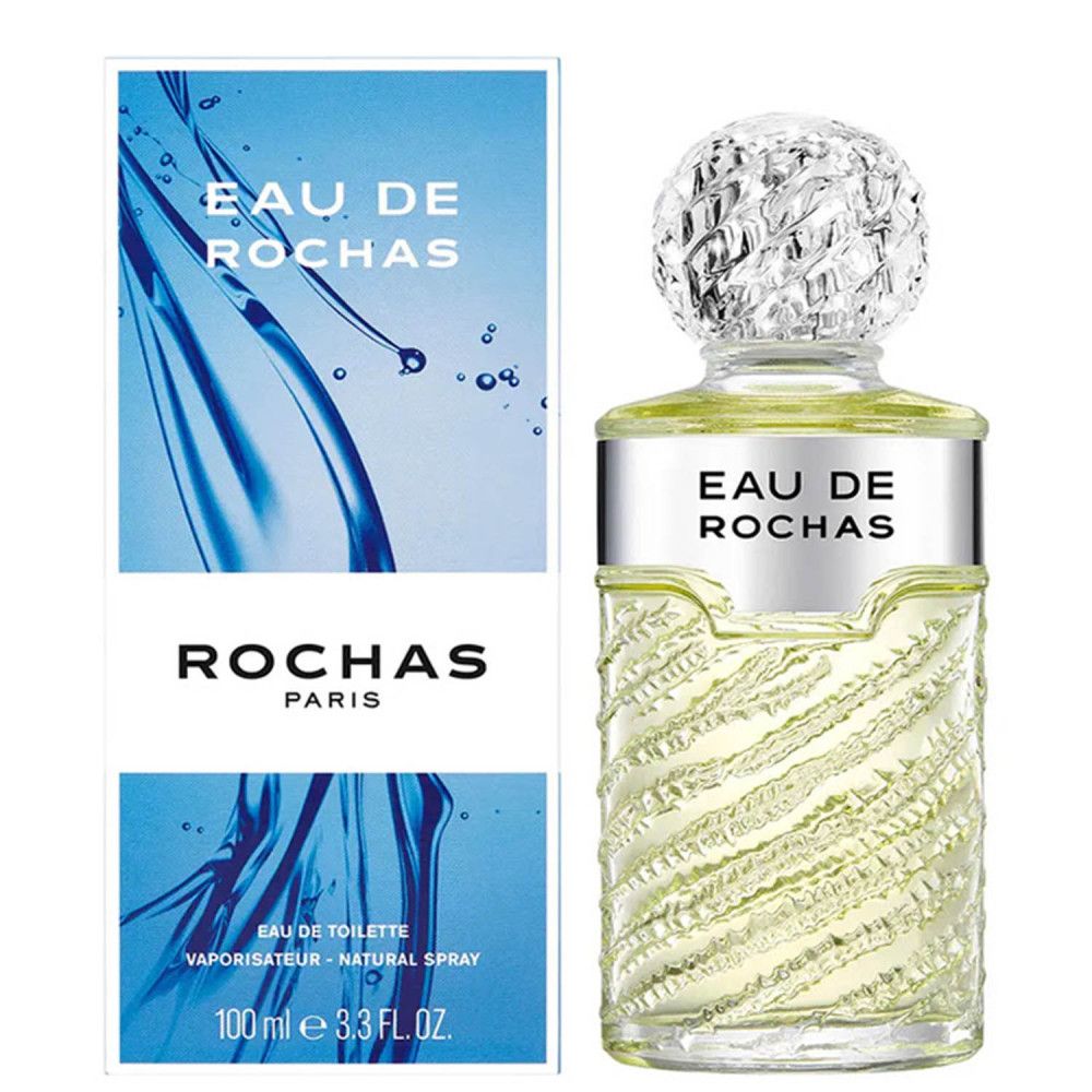 Parfümflasche mit silbernem Deckel und Etikett. Aufschrift: Eau de Rochas. Blaue Verpackung mit Produktnamen und Logo.