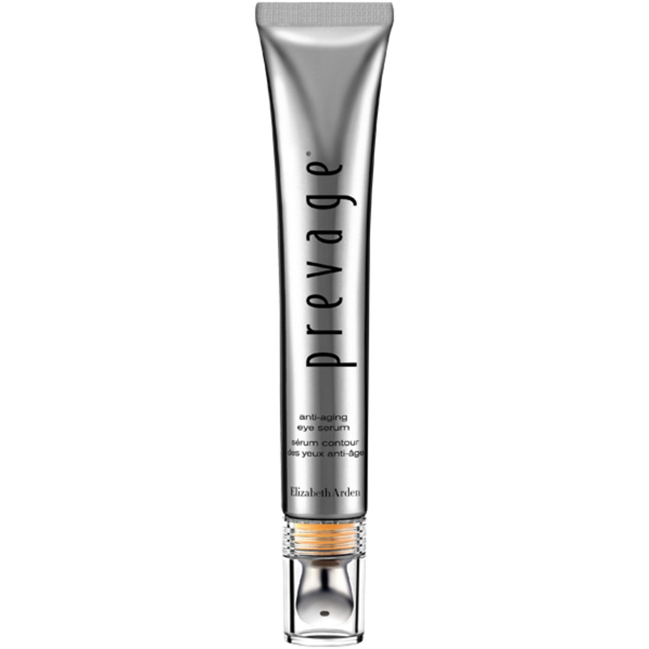 Silberfarbene Tube mit "Prevage"-Schriftzug. Text: Anti-Aging Eye Serum. Unterhalb: Elizabeth Arden. Mit Applikator.