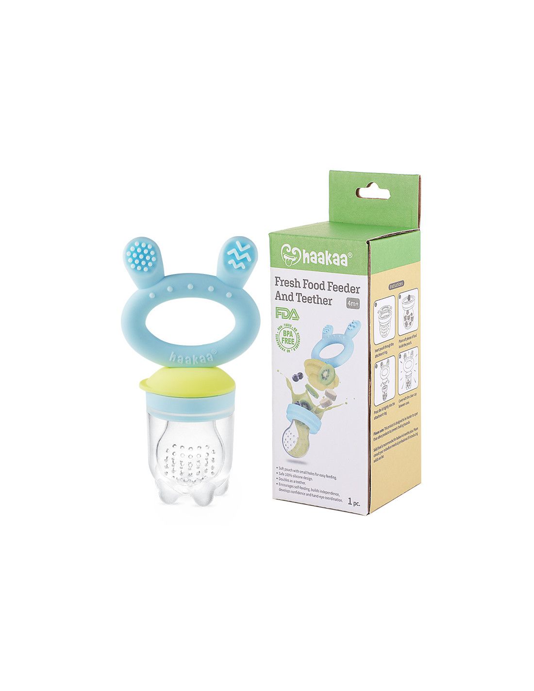 Blauer Fruchtsauger und Beißring mit gelbem Einsatz und Verpackung. Aufdruck: Haakaa, Fresh Food Feeder and Teether, FDA, BPA Free.