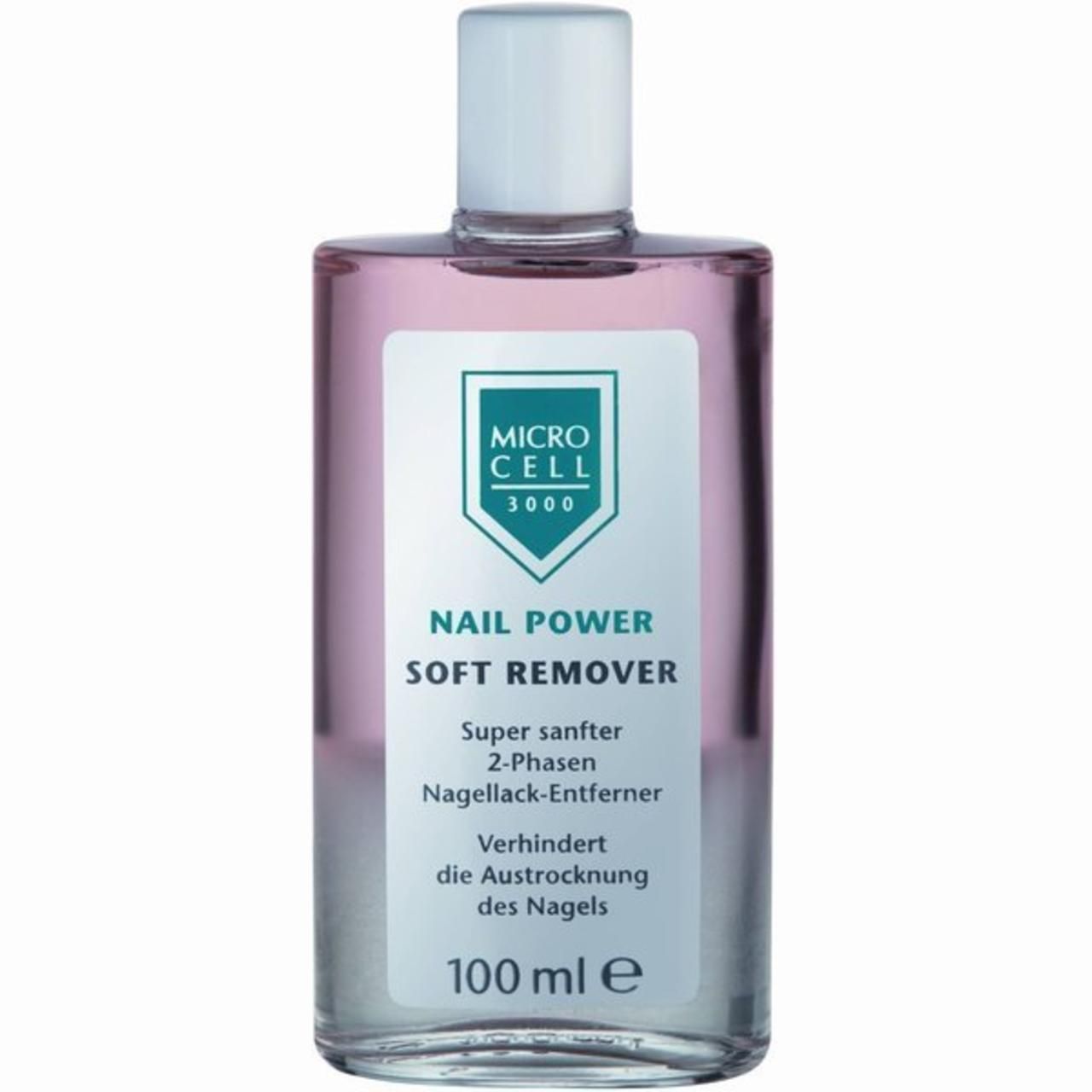 Flasche mit weißem Deckel. Etikett mit "Micro Cell 3000", "Nail Power Soft Remover" und Text. 100 ml.