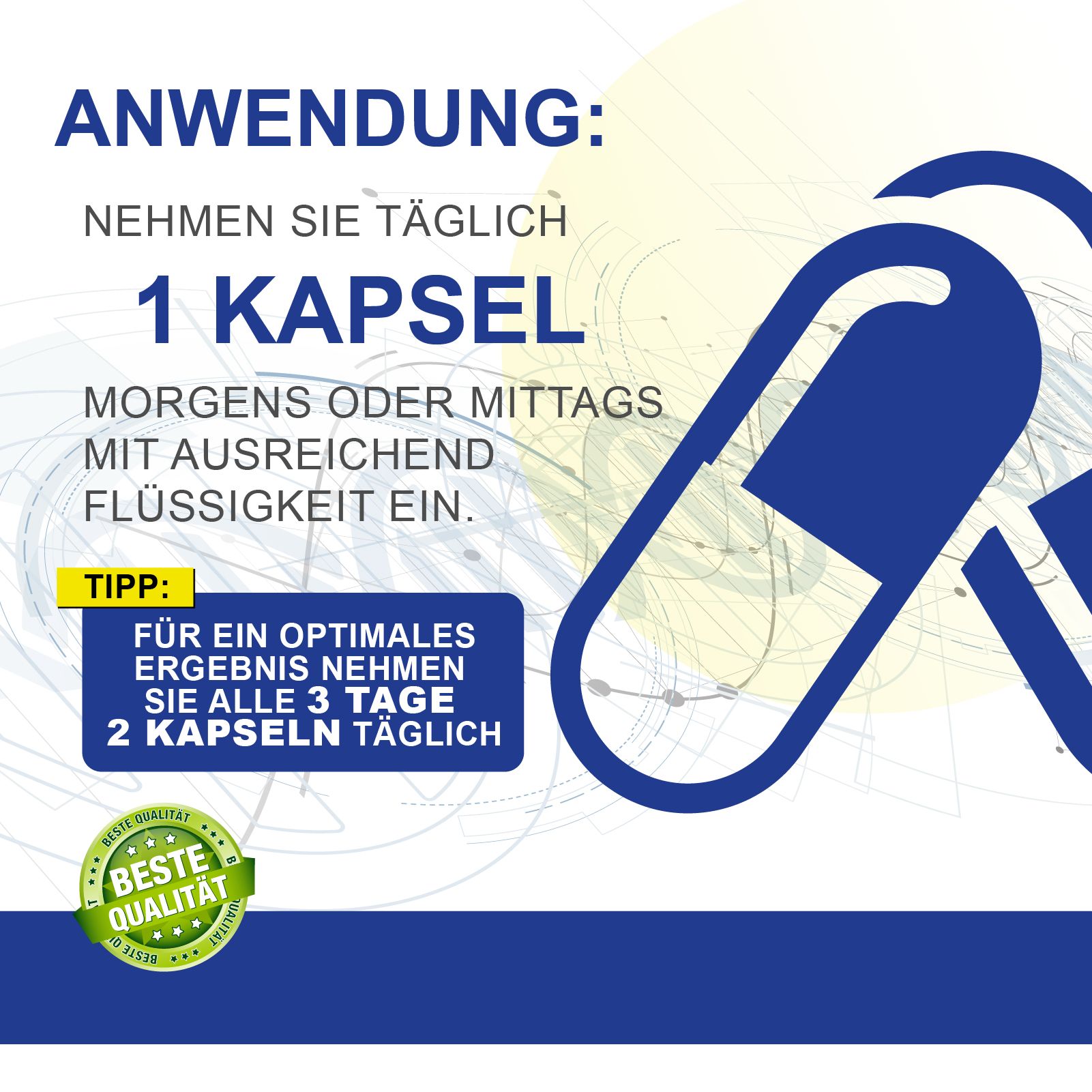Nahaufnahme einer blauen Kapsel vor einem abstrakten Hintergrund, mit Text über die Anwendung.