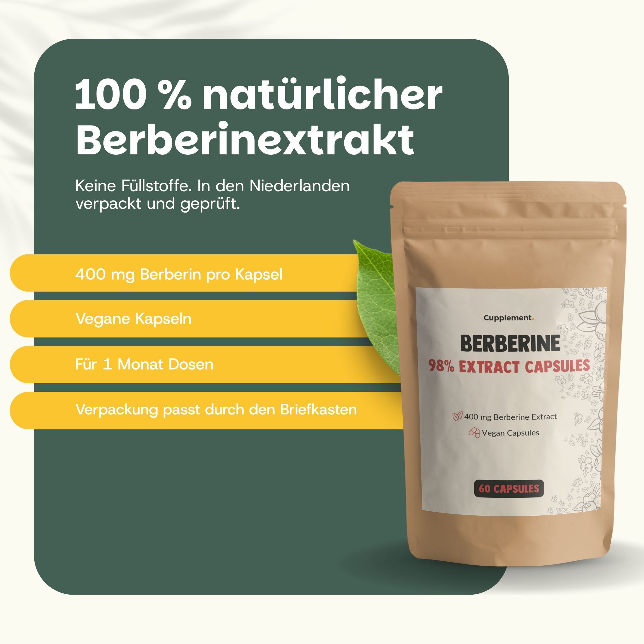 Beutel mit Berberin-Kapseln. Text: 100% natürlicher Berberinextrakt, 400 mg Berberin pro Kapsel, vegane Kapseln.