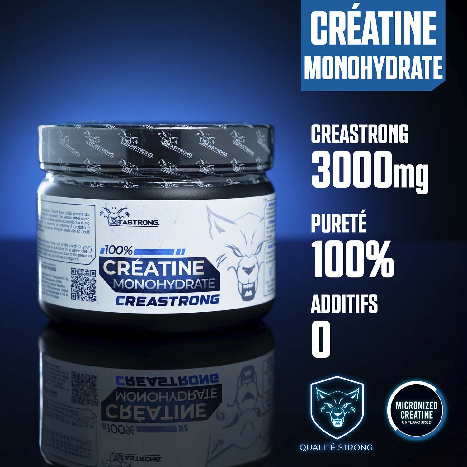 Pot Vitastrong Creatin Creastrong. Couvercle noir, étiquette blanche. Texte: Créatine Monohydrate, Creastrong, 3000mg, 100% pureté.