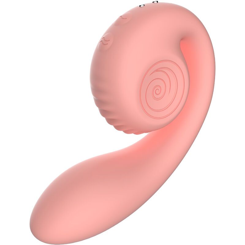 Rosa Wellness-Produkt mit spiralförmigem Design. Oberteil mit Rillen und drei Knöpfen. Unterteil gebogen.