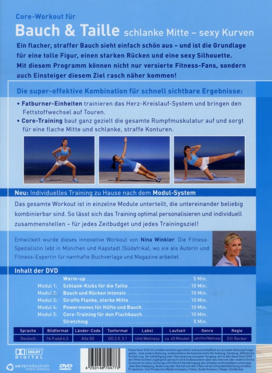 Rückseite der DVD-Hülle. Titel "Core-Workout für Bauch & Taille". Text und Bilder von Übungen.