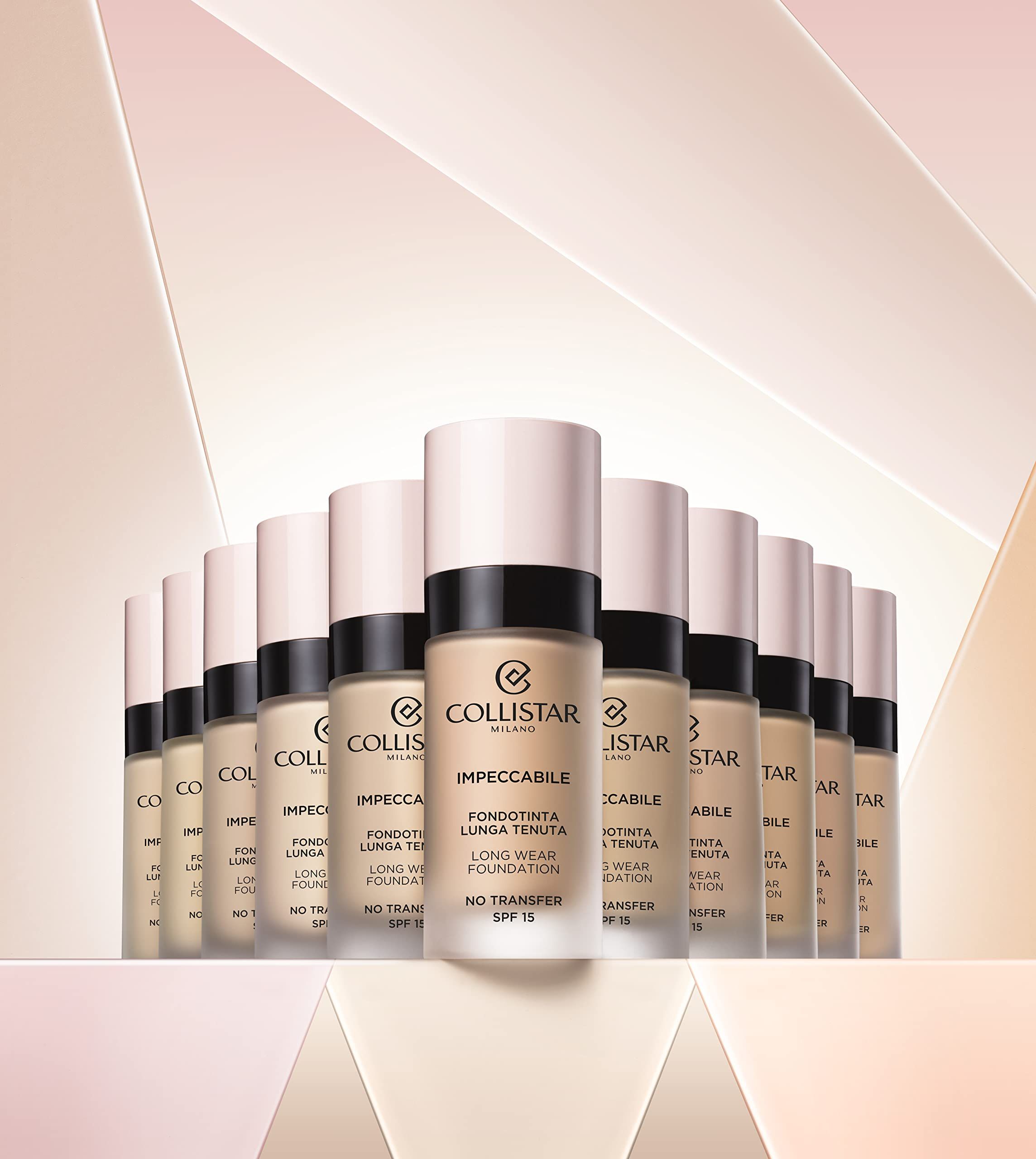 Mehrere Foundation-Flakons. Rosa Deckel, schwarzer Ring, Schriftzug. "Collistar Milano", "Impeccabile", "Long Wear Foundation".