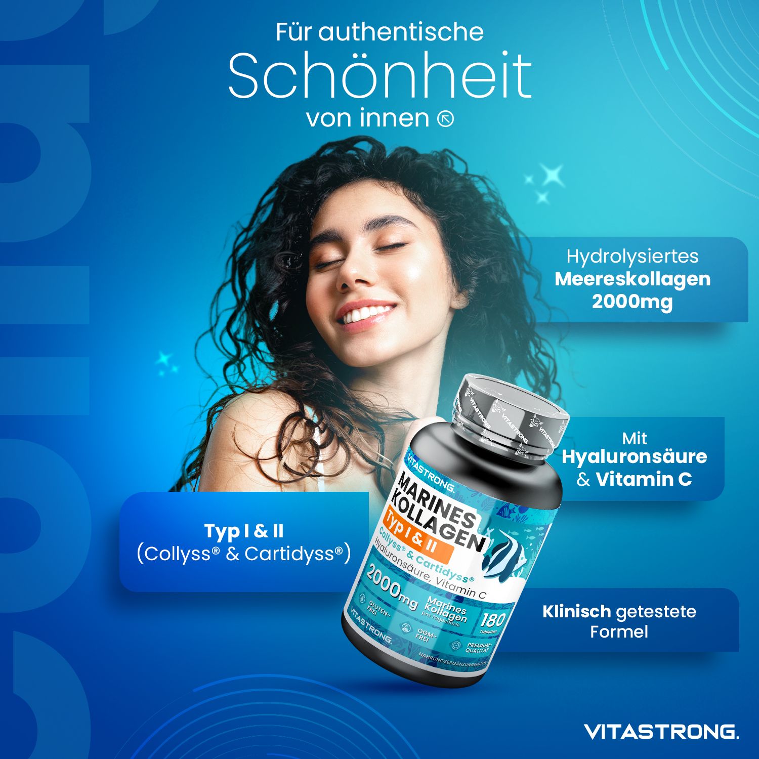 Vitastrong Marine Kollagen Typ 1&2, 180 Tabletten. Frau, blaue Grafik, Text. Dose mit Tabletten.