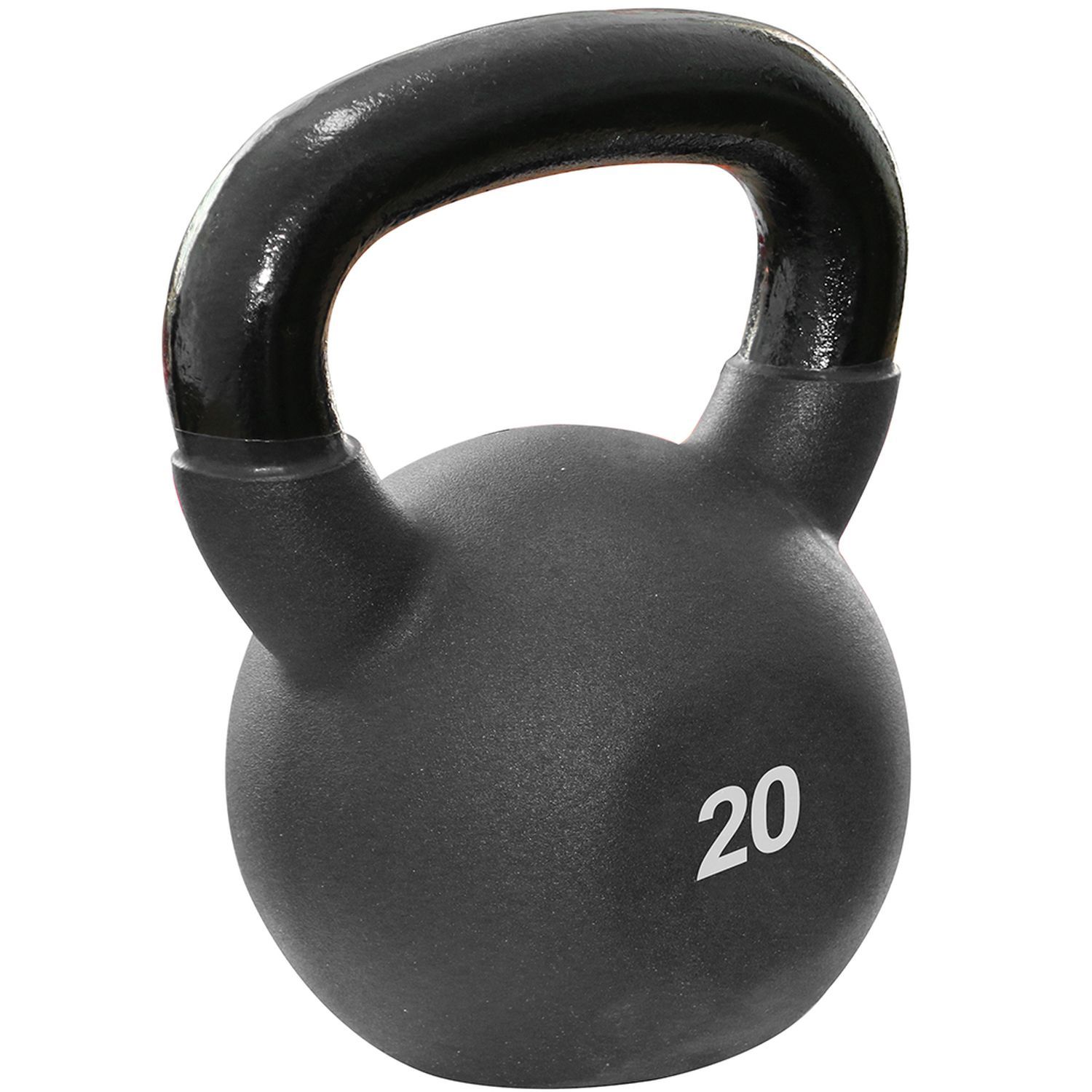 Schwarze Kettlebell mit schwarzem Griff. Auf der Kugel steht die Zahl 20.
