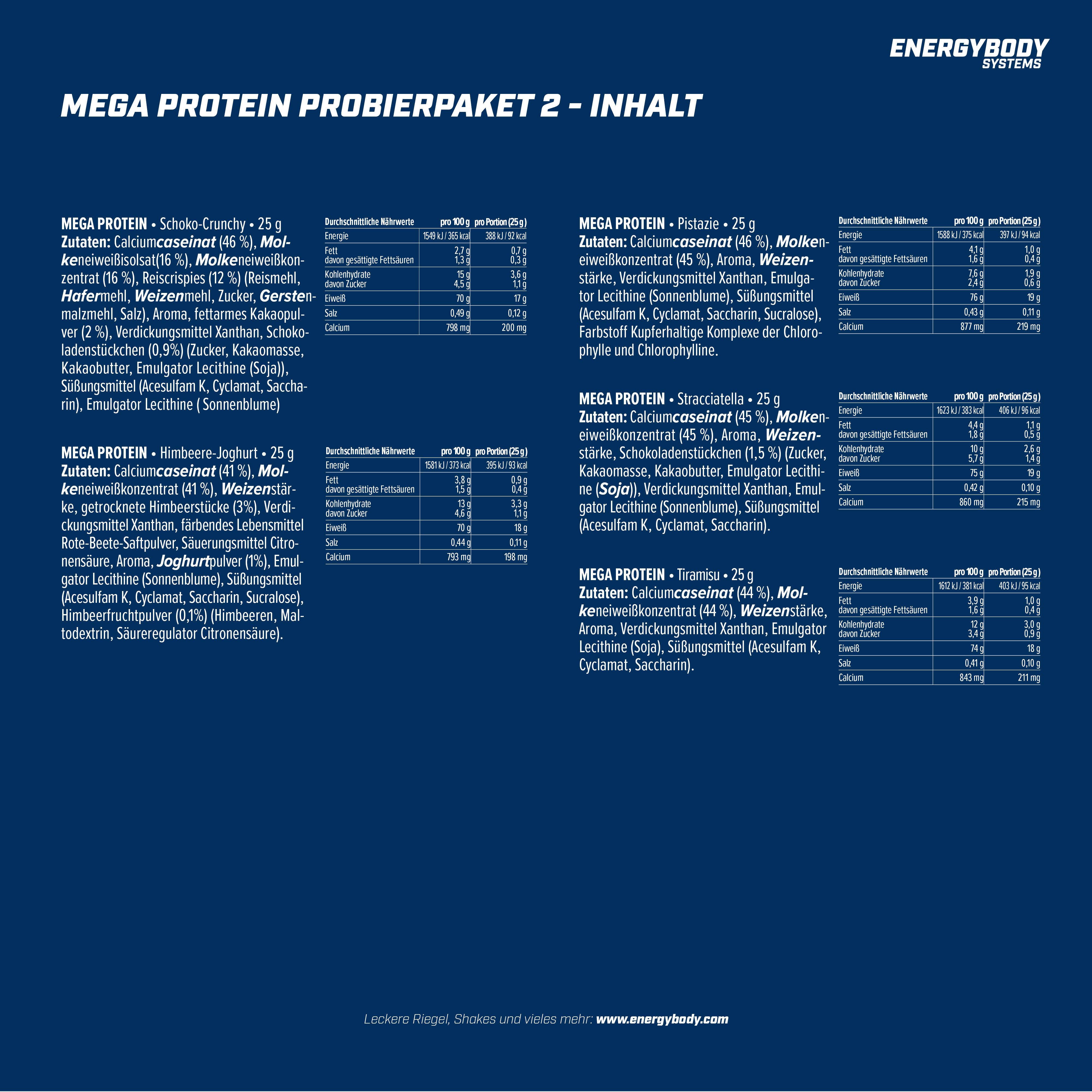 Tabellarische Auflistung der Inhaltsstoffe des Mega Protein Probierpakets 2. Enthält Informationen zu verschiedenen Geschmacksrichtungen und Nährwerten.