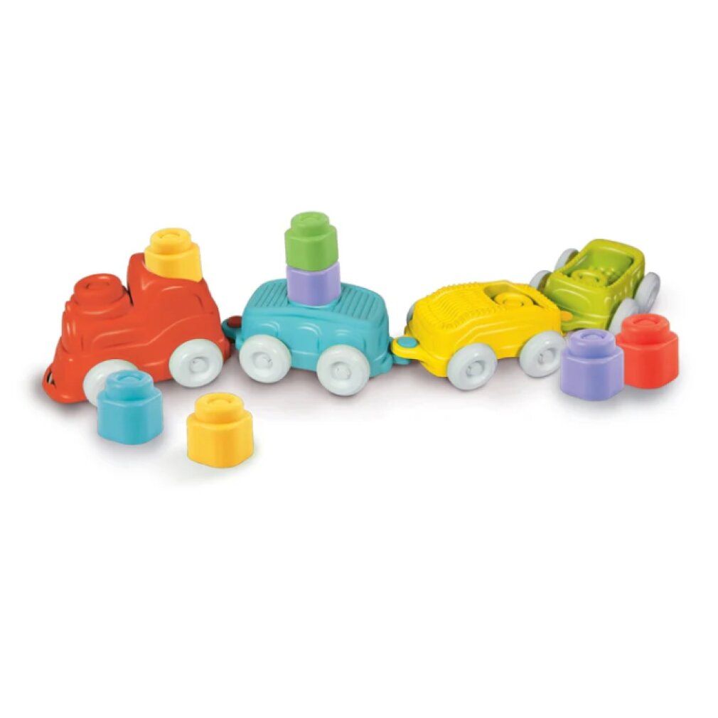Clemmy Sensory Train Spielzeugzug mit roter Lokomotive, blauen, gelben und grünen Waggons. Weiße Räder. Mit bunten Blöcken.
