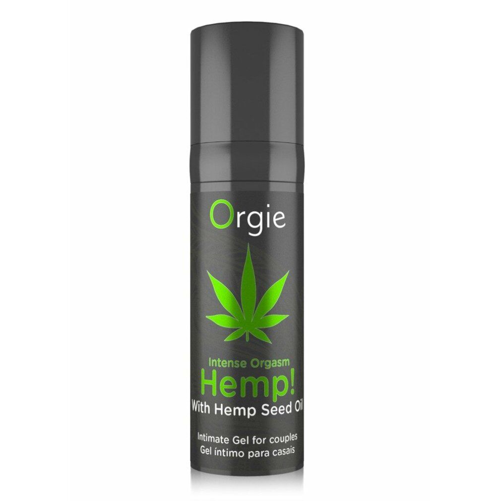 Dunkelgraue Flasche mit grünem Etikett. Text: Orgie, Intense Orgasm Hemp!, Hanfblatt-Symbol. Intimate Gel für Paare.