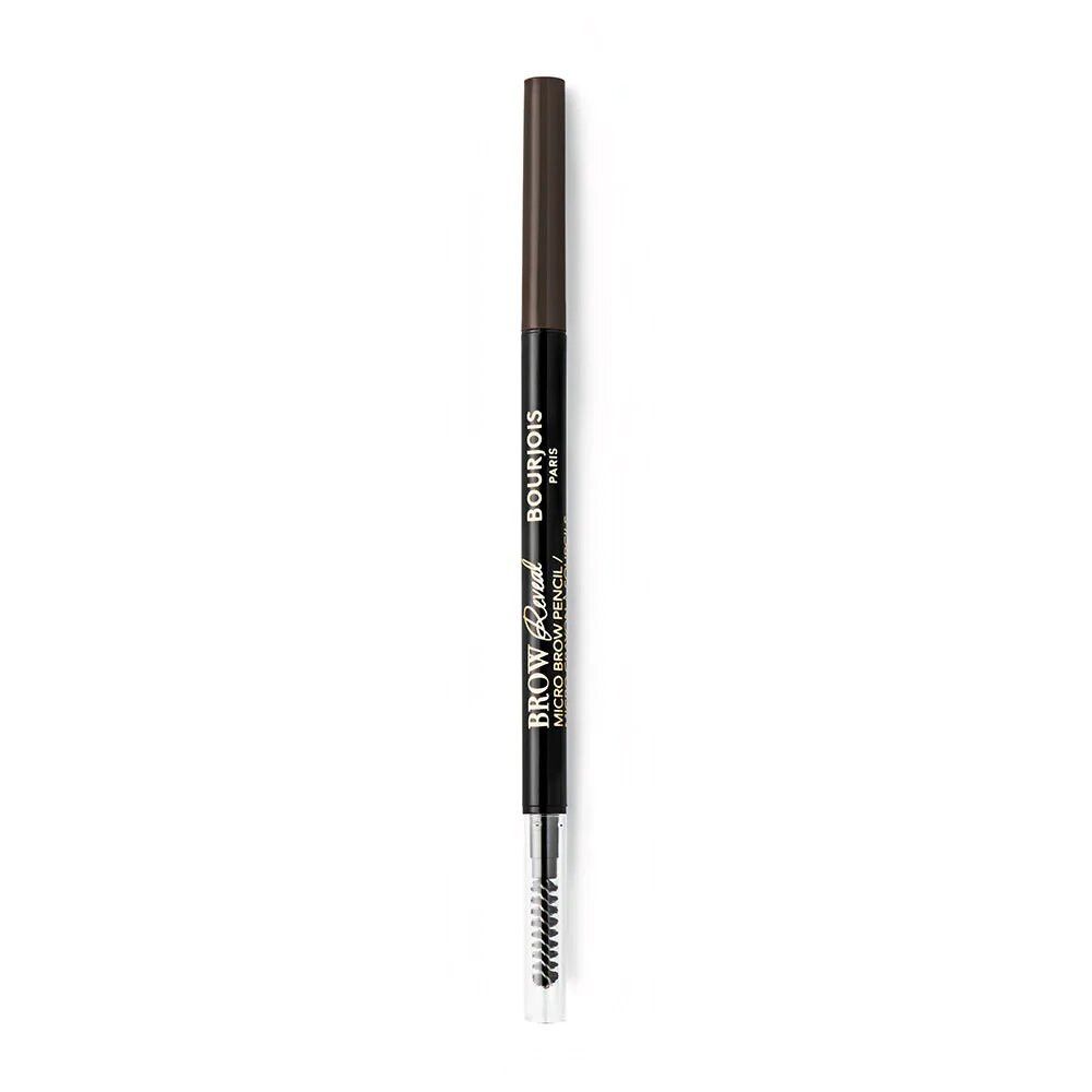 Schwarzer Augenbrauenstift mit Bürste. Aufschrift "Bourjois Paris Brow Reveal Micro Brow Pencil".