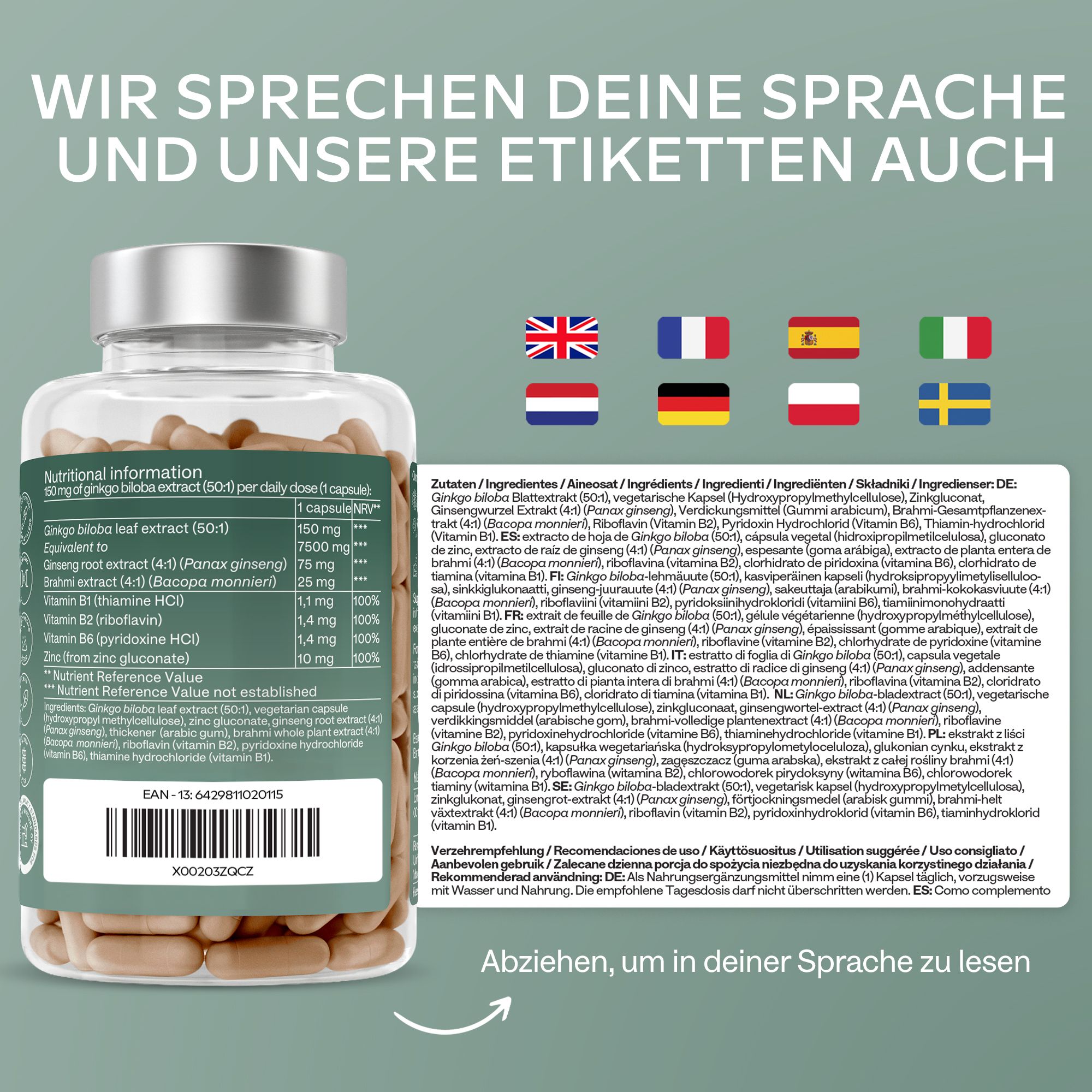 Flasche mit Informationen und Flaggen. Enthält Informationen zu Inhaltsstoffen in verschiedenen Sprachen.