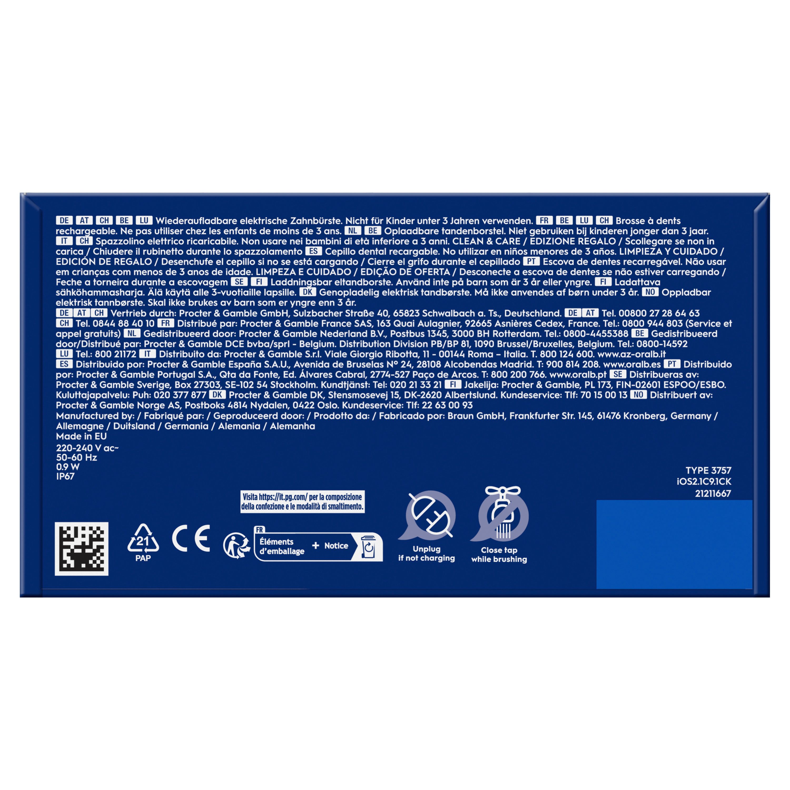 Rückseite der Verpackung einer elektrischen Zahnbürste. Text in mehreren Sprachen. Informationen zu Hersteller und Zertifizierungen.