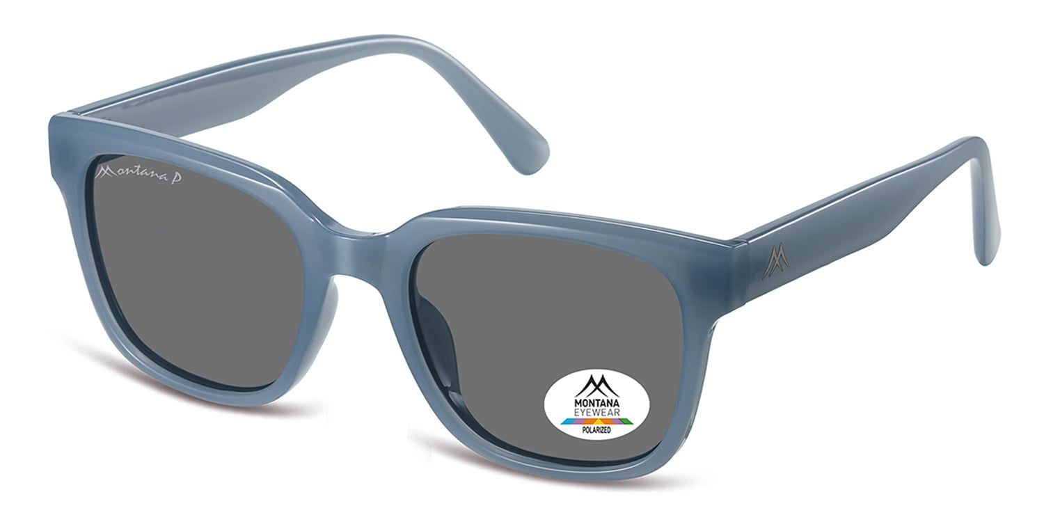 Blaue Sonnenbrille mit grauen Gläsern. Montana Eyewear Logo auf dem Bügel und Glas. Polarisiert.