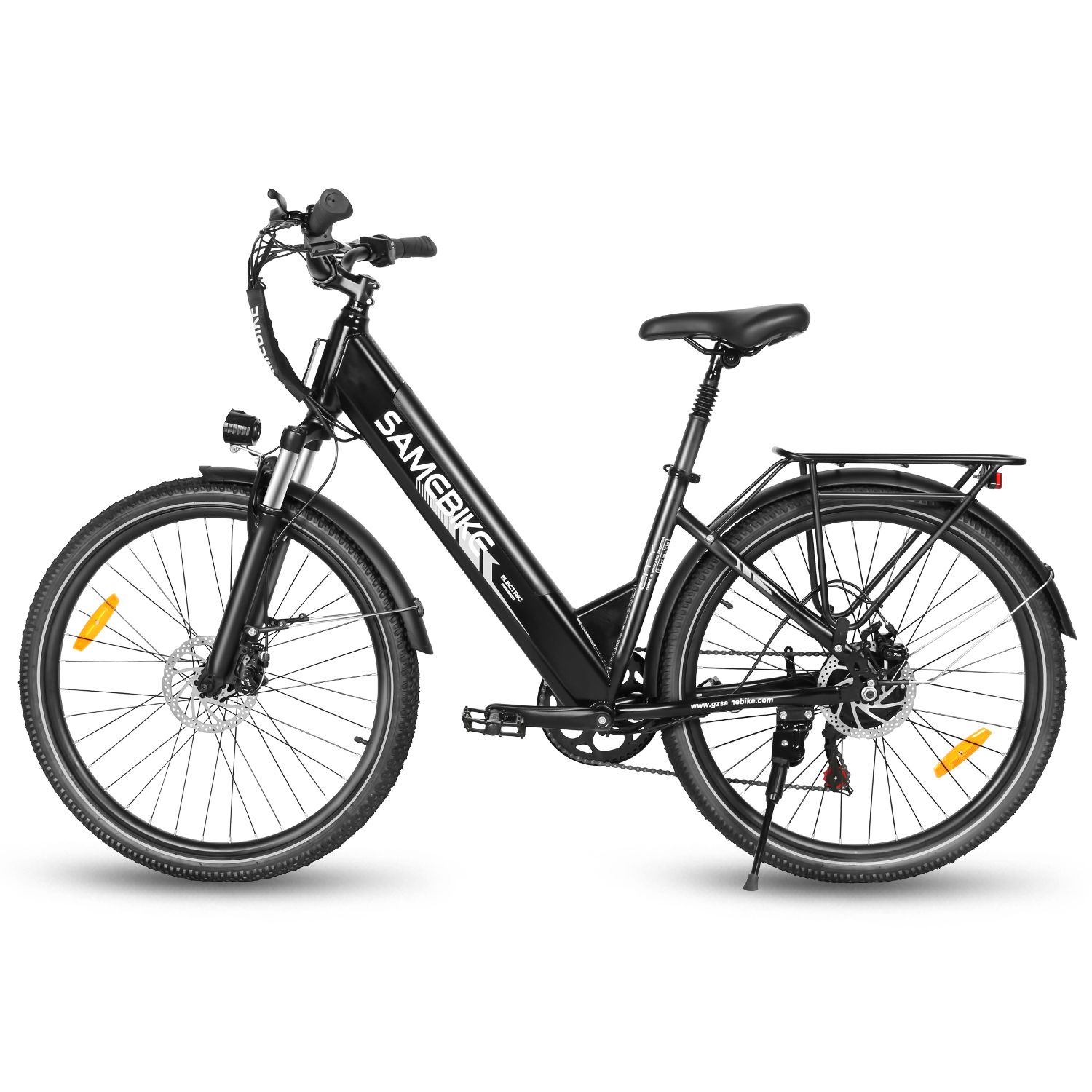 Schwarzes E-Bike SAMEBIKE RS-A01 Pro-T. Gepäckträger, Schutzbleche, Scheinwerfer und Rücklicht.