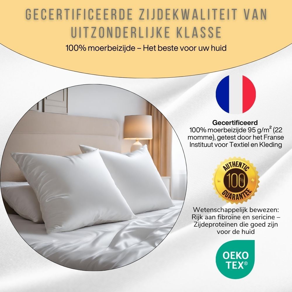 Gecertificeerde zijdekwaliteit. Kussens, Franse vlag, certificaten, tekst: 100% moerbeizijde.