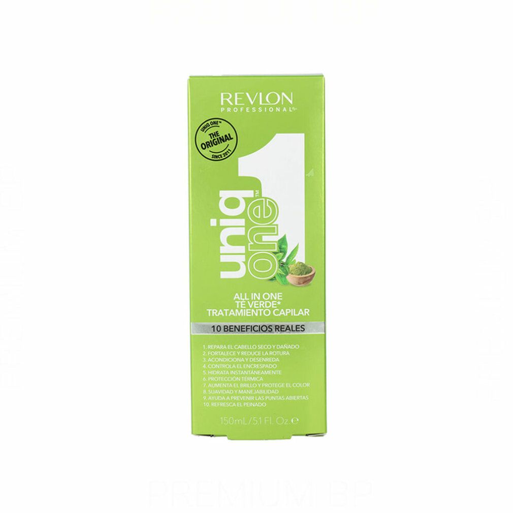 Grüne Verpackung mit Aufschrift: Uniq One, Revlon Professional, All in One Te Verde Tratamiento Capilar, 10 Beneficios Reales. Mit Logo.