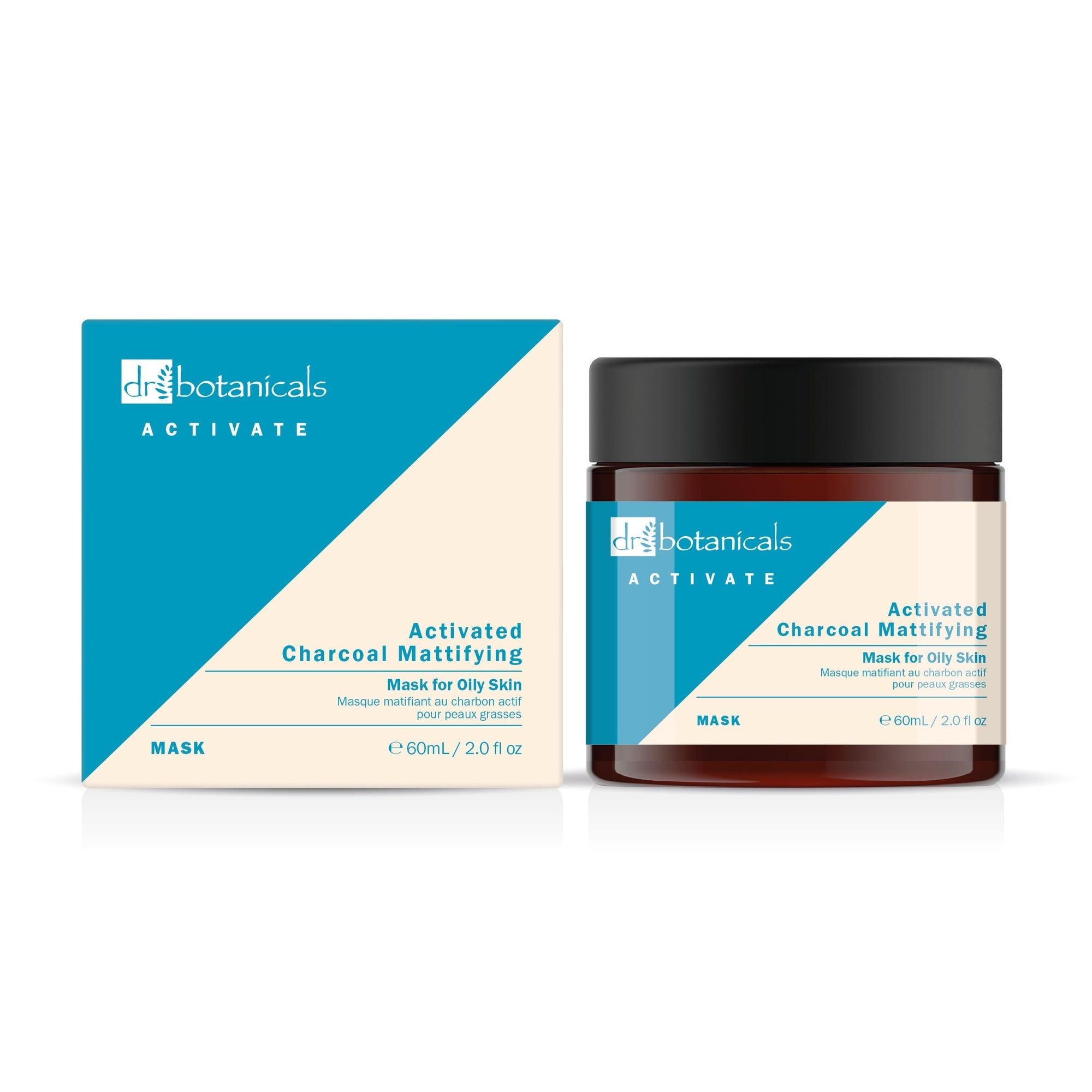 Produktverpackung und Dose. Dose mit schwarzem Deckel und Etikett. Karton mit Produktinformationen: Activated Charcoal Mattifying Mask.